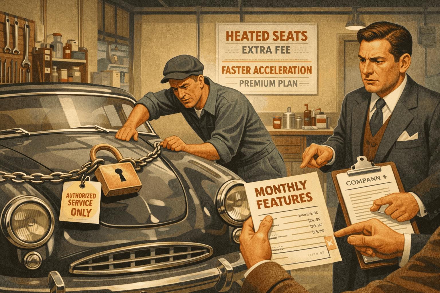 Alt text: Klassisk bild av en bilverkstad med två män, en som arbetar på bilen och en annan som granskar servicepapper i en retrostil.