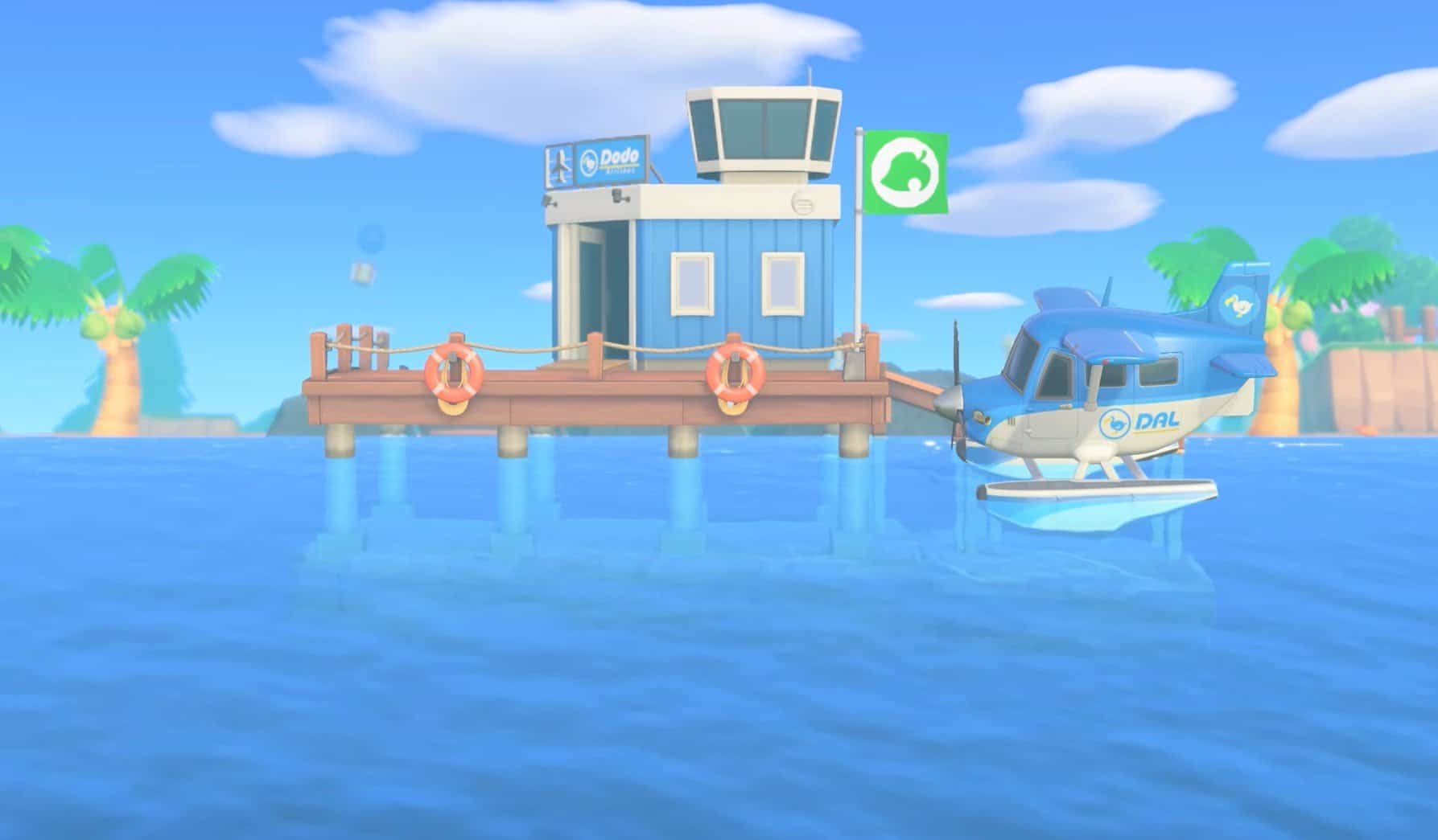 1. Alt text: Snabbfärd till Macken med Dodo Airlines flygplan i Animal Crossing-spel, vid vattnet, paradisiska öar och flygplats.