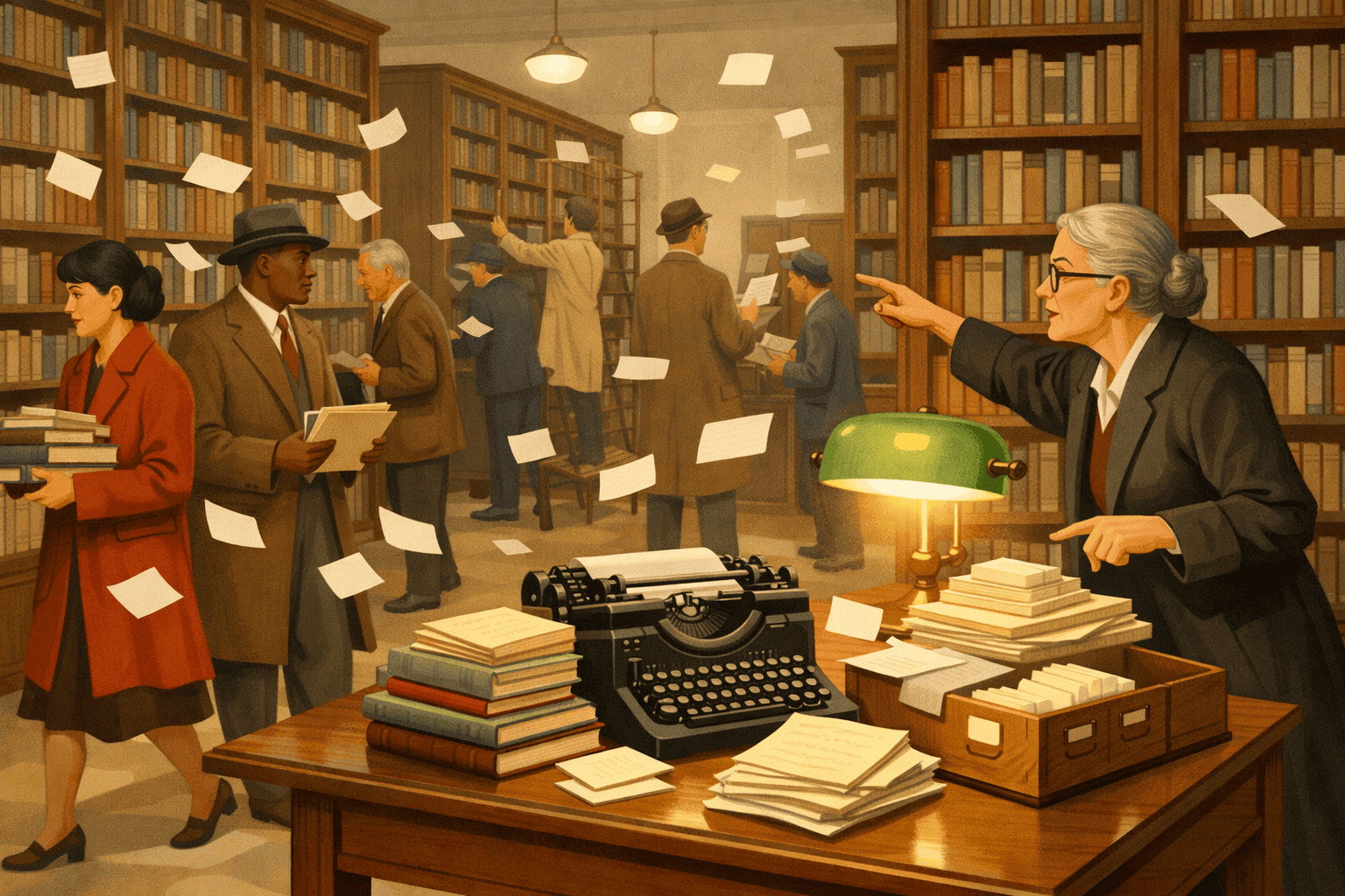 1. Alt text: Historisk bibliotek med folk och bibliotekar, klassisk interiör, vintage mode, läsning, samlingar, forskning, biblioteksbesök, samtida konststil, varm atmosfär, utbildning, litteratur, kulturarv, gammaldags miljö.