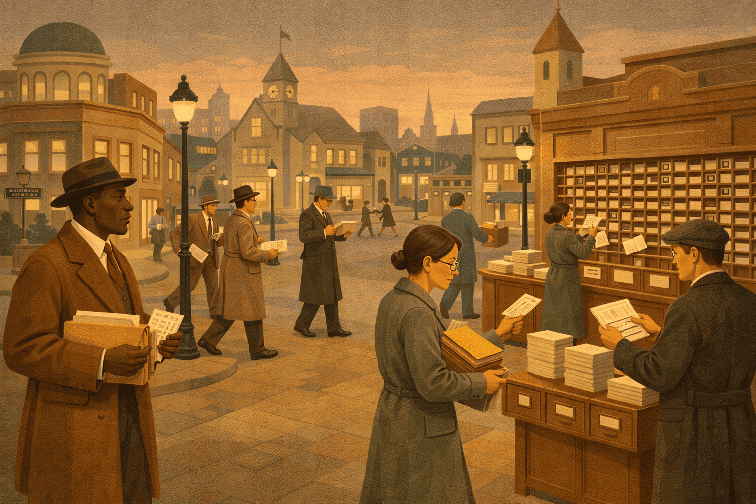 Kvinna som söker böcker i en gammal biblioteksmiljö, vintage stil, historisk atmosfär, med fokus på bokhandel och bibliotek i mängder, gråa och bruna nyanser, för SEO om Magasin MACKEN.