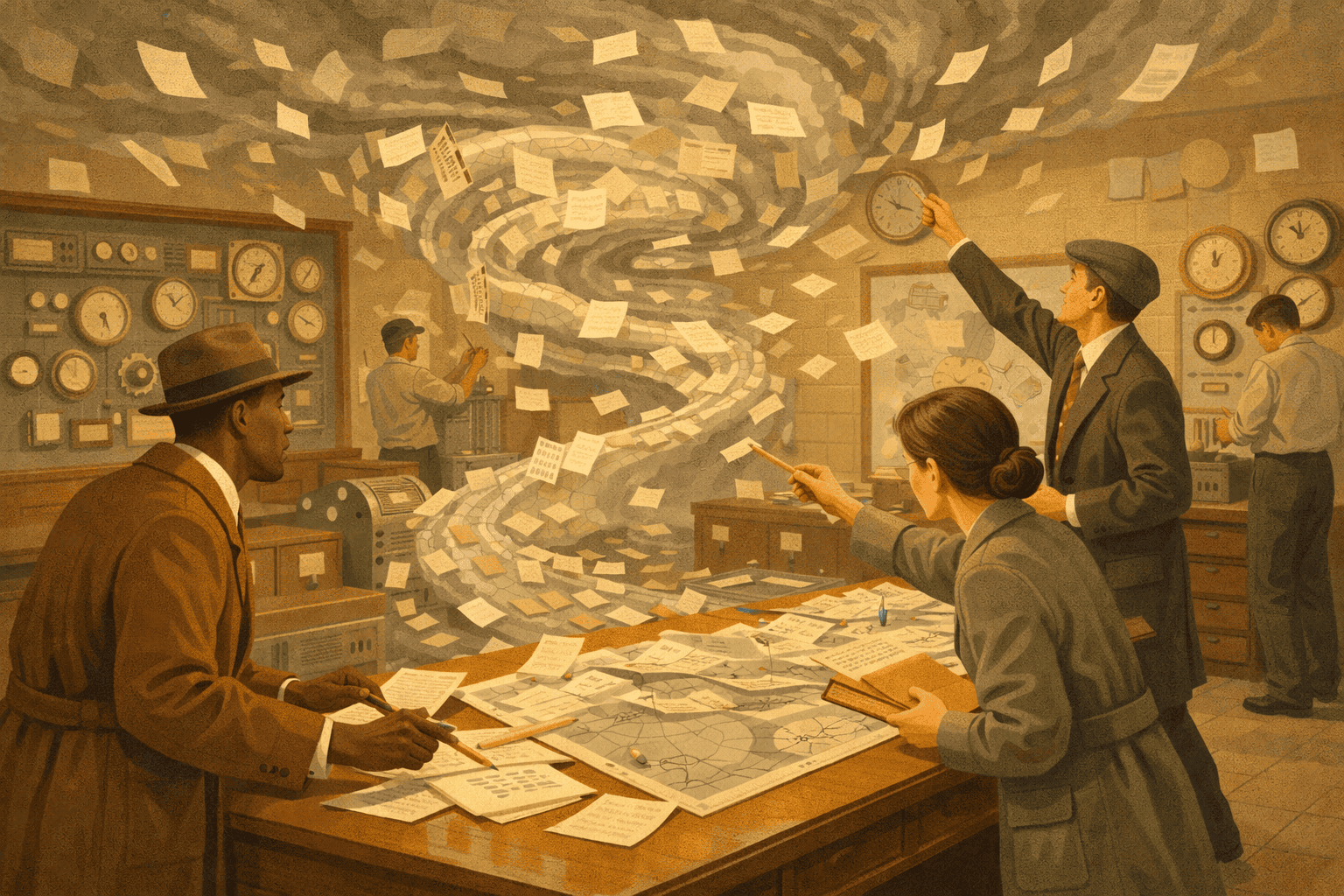 Kreativ arbetsmiljö för team som analyserar data och planerar strategier i ett kontorslandskap med höga väggklockor och diagram, symboliserar samarbete och effektivitet inom företagsmiljö.