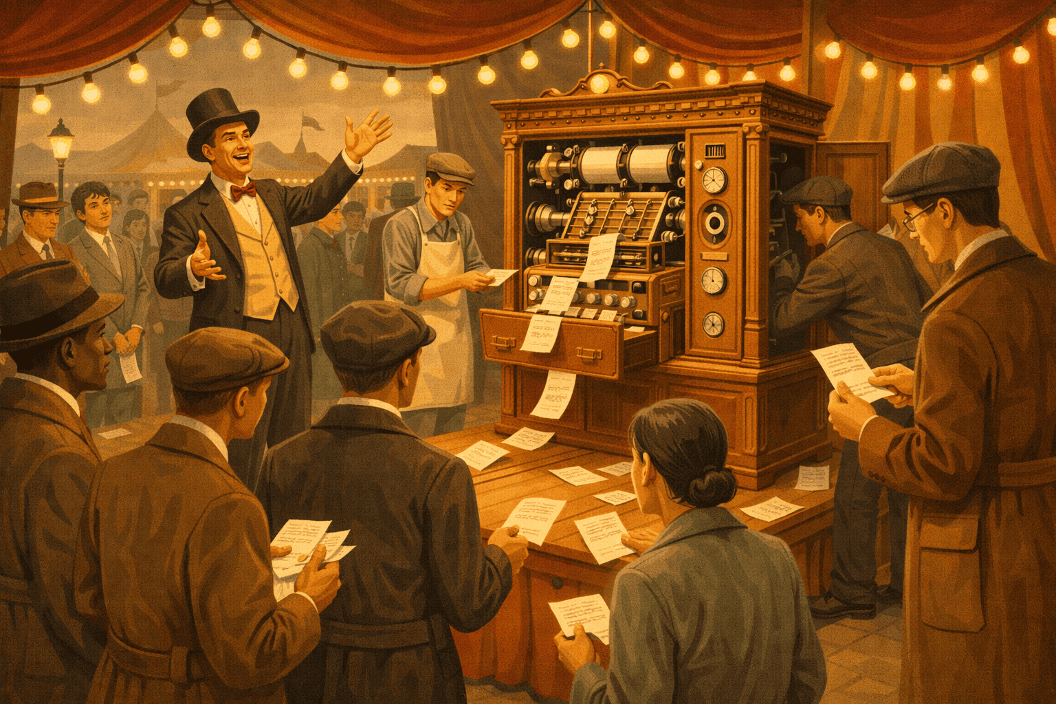 Högtalare, cirkusstämning och spegelväggar, inspirerad av en gammal bistro eller kafe, festlighet och underhållning med en karnevalskänsla.