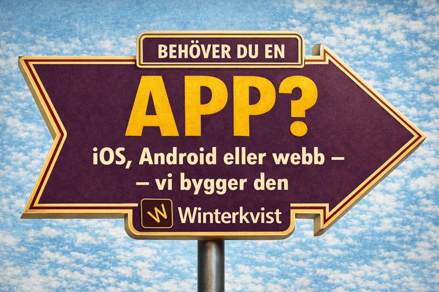 1. Snyggt retro skylt för MacKen butik, reklam för app-utveckling för iOS, Android och webb, med inspirerande design och tydlig information.