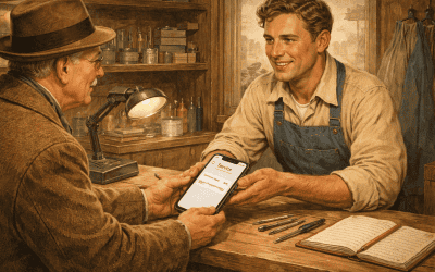 1. Äldre man och ung man i hantverksbutik utbyte av serviceinformation, med telefon och verktyg.