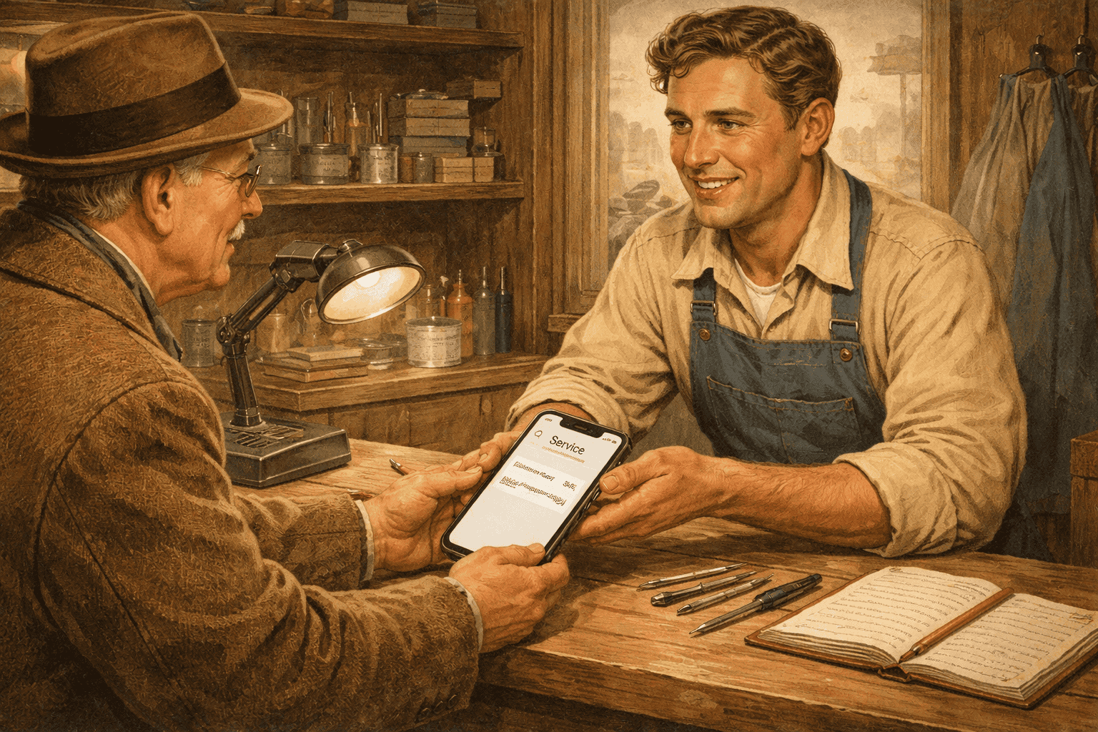 1. Äldre man och ung man i hantverksbutik utbyte av serviceinformation, med telefon och verktyg.