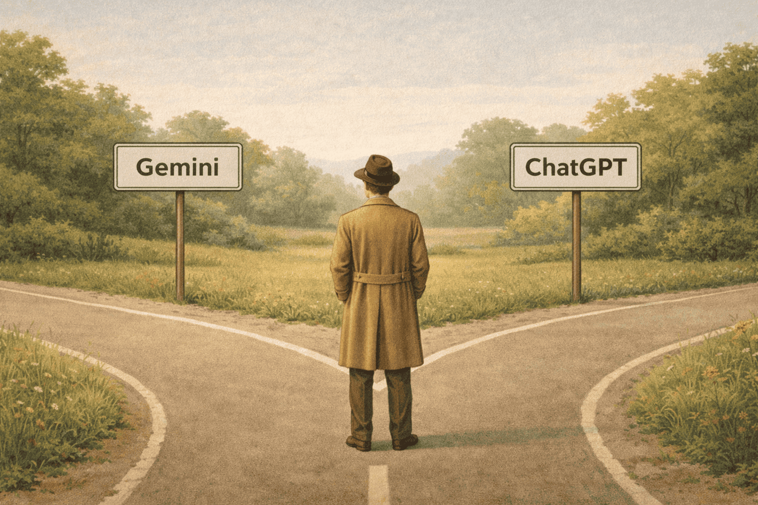 Teknisk traditionell målning av en man i hatt står vid ett vägskäl med skyltar till vänster märkta "Gemini" och till höger "ChatGPT" i ett grönt landskap.