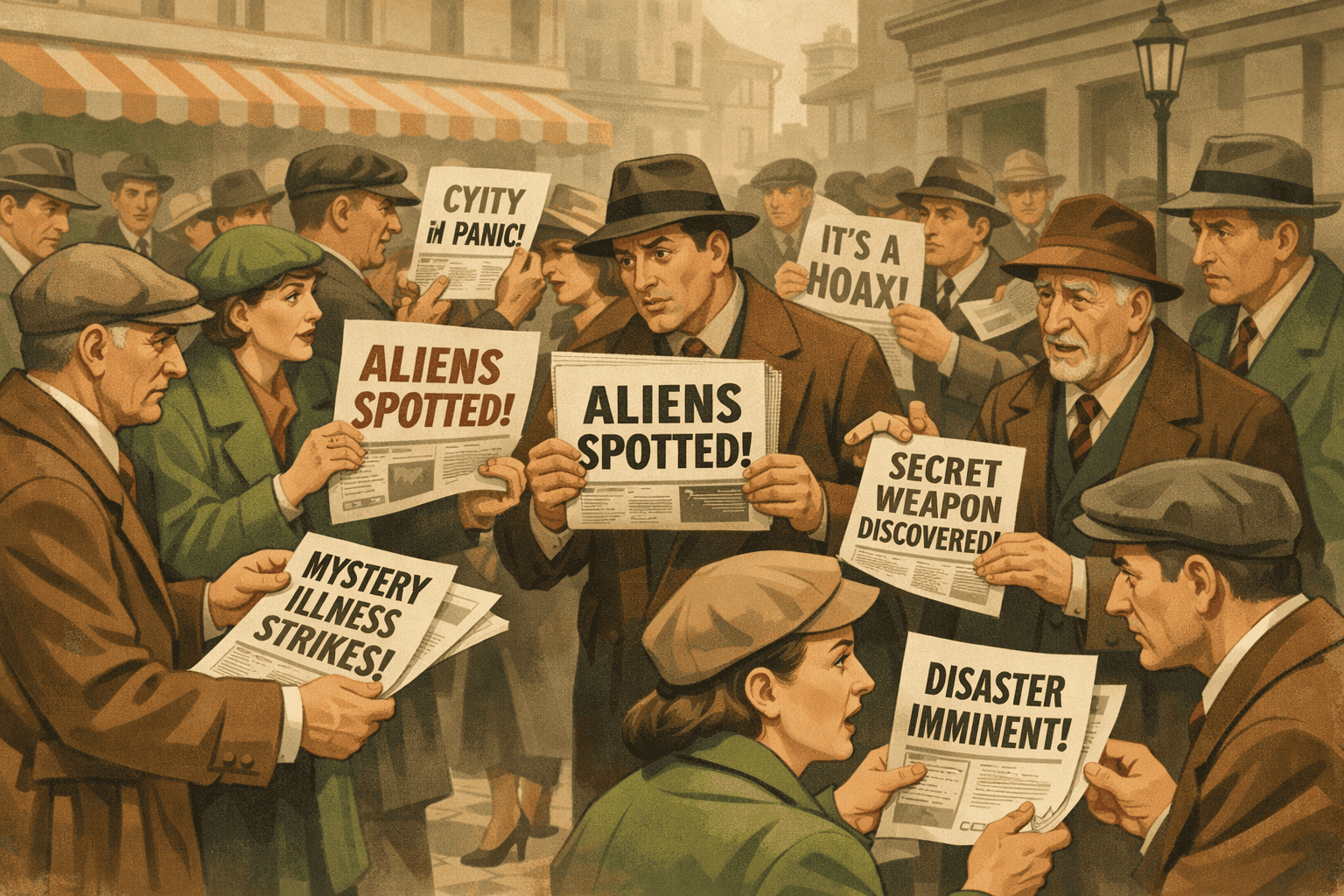 1. En grupp människor på ett 1940-talssätt, som håller skyltar om utomjordisk aktivitet, halloween, och hemliga vapen, i en stadsmiljö med vintage-kläder och atmosfär.