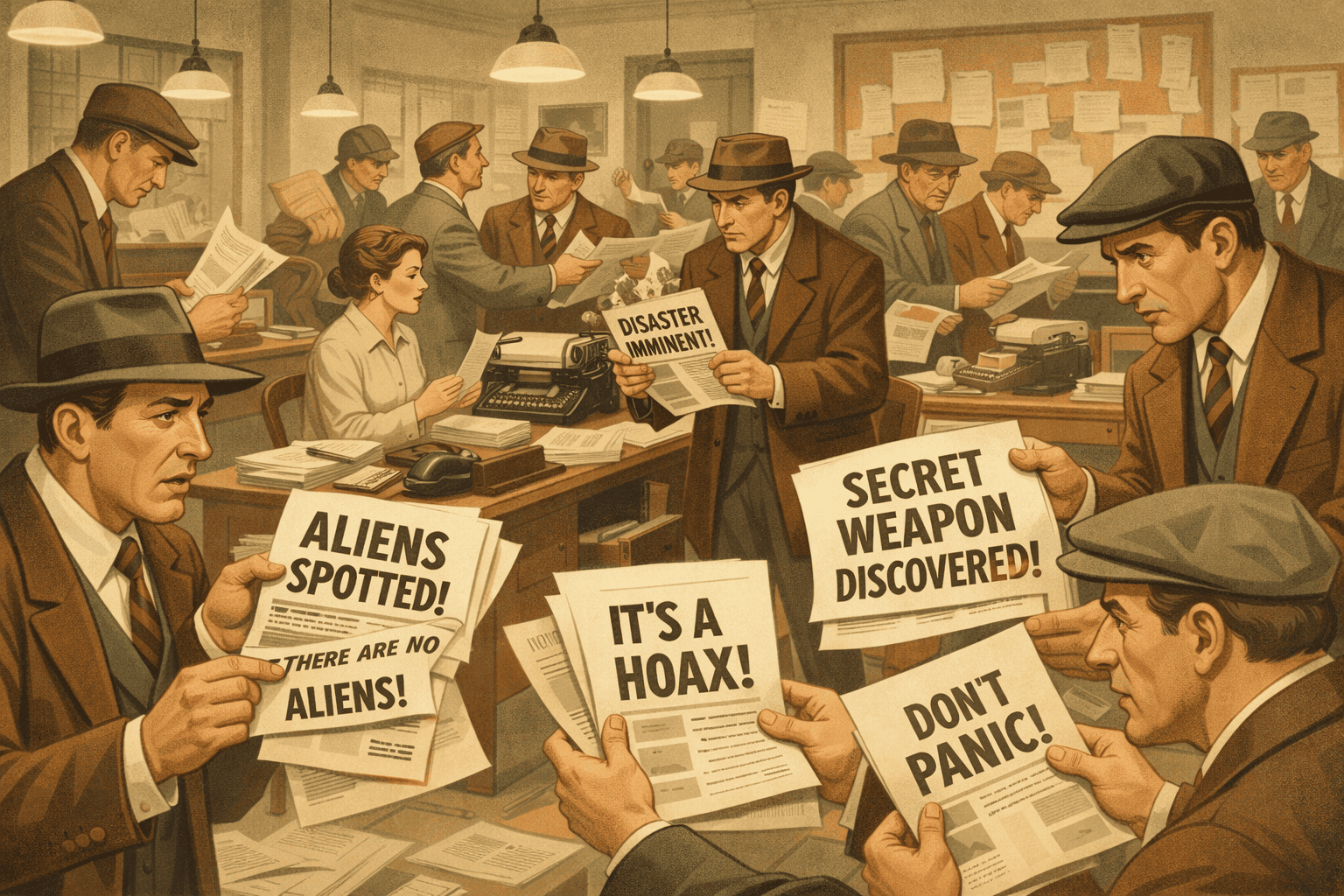 1. Alternativ text: Vintage kontorscen med människor som läser och diskuterar hemliga hemligheter om utomjordiska hot och vapen.