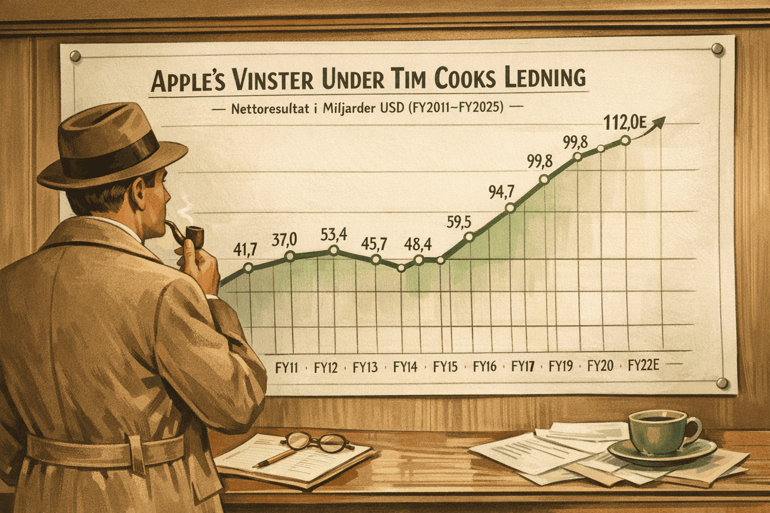 1. En man i trenchcoat och hatt som vilar på en penna, tittar på en graf över Apples vinst under Tim Cooks ledarskap, med ett kaffe och papper på skrivbordet i en vintage-stilillustration.