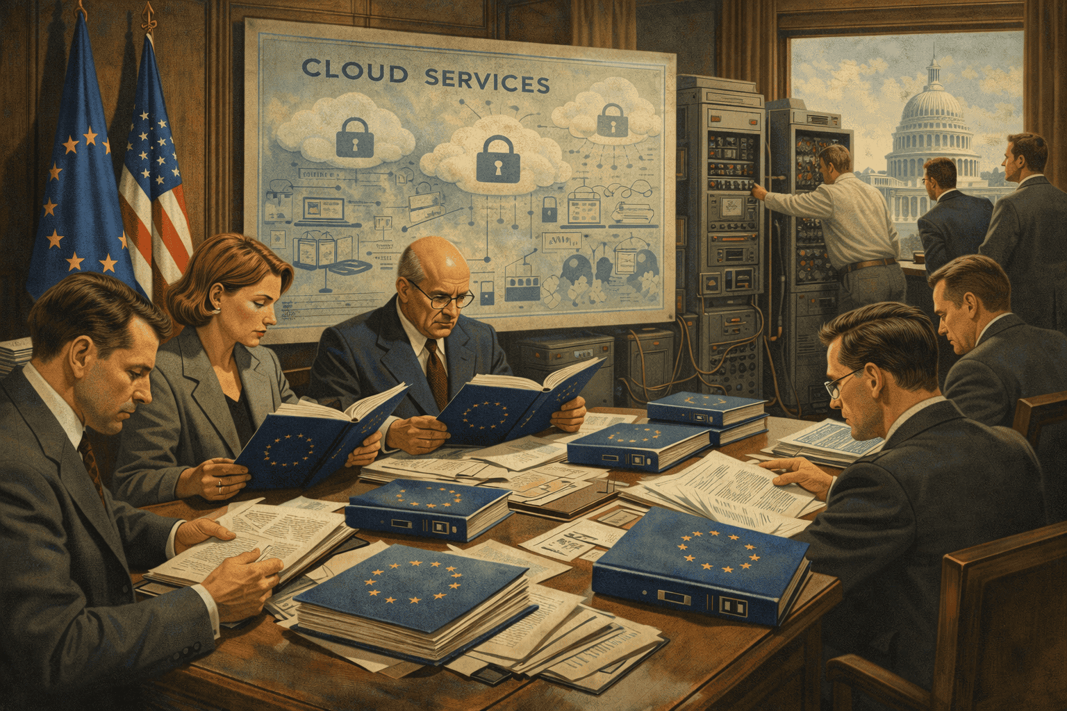 Europeiska flaggor framför ett stort presentationstavla om cloud-tjänster och datasäkerhet i ett konferensrum med människor i formella kläder som granskar dokument och arbetar med serverutrustning.