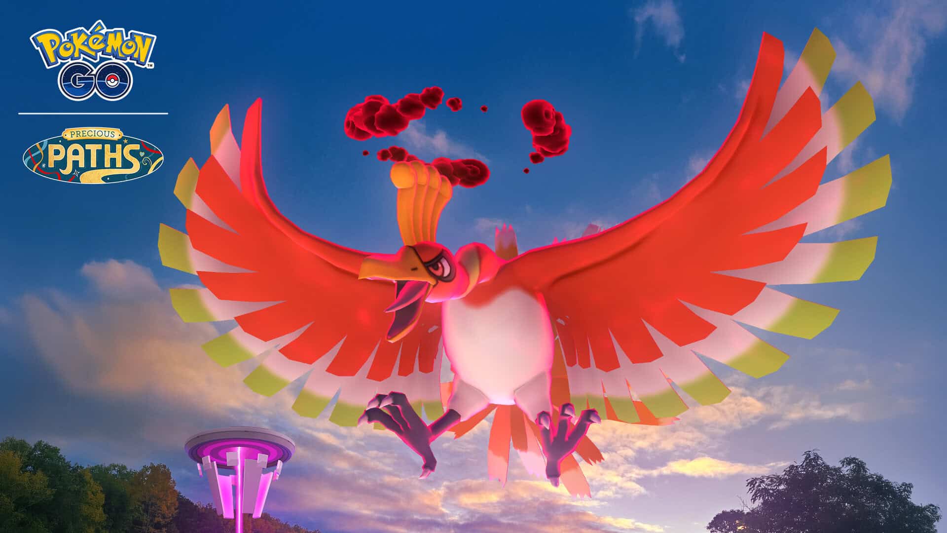 Flygande Moltres Pokémon GO-liknande karaktär i flygplansläge med klar himmel och träd i bakgrunden.
