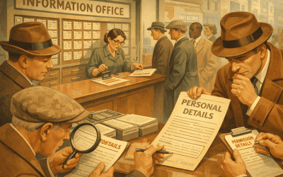 Högupplöst bild av ett vintage incheckningskontor med personal och kunder, där de fyller i personuppgifter och tillståndsformulär, perfekt för att locka kunder till Macken butiks- och servicecenter.