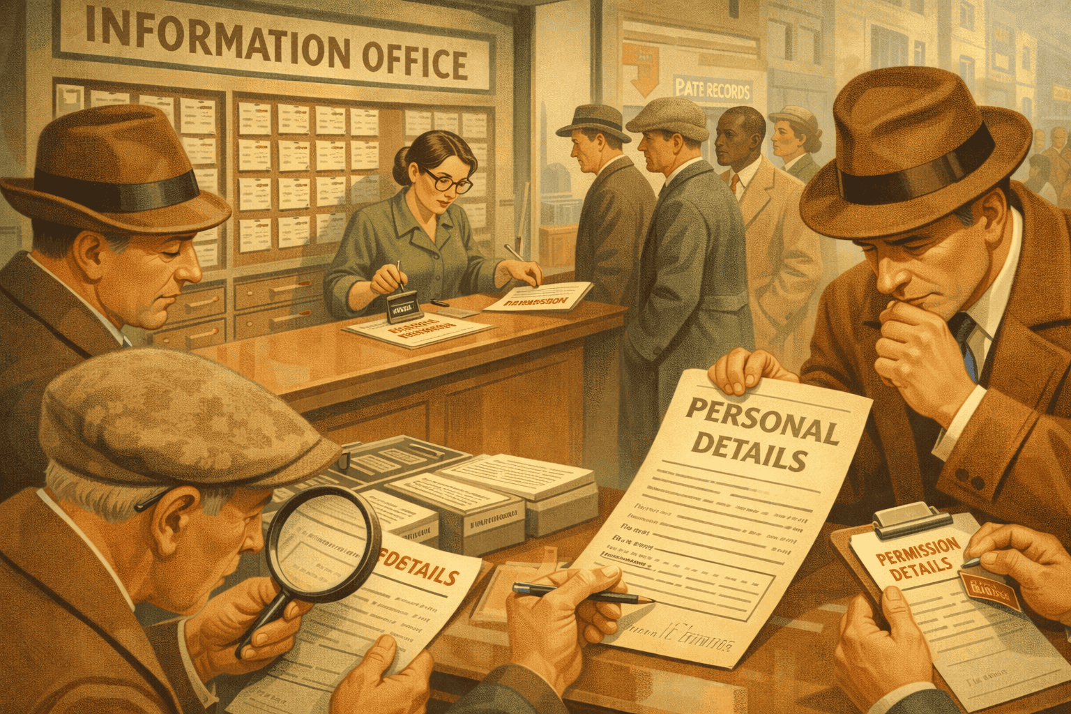 Högupplöst bild av ett vintage incheckningskontor med personal och kunder, där de fyller i personuppgifter och tillståndsformulär, perfekt för att locka kunder till Macken butiks- och servicecenter.