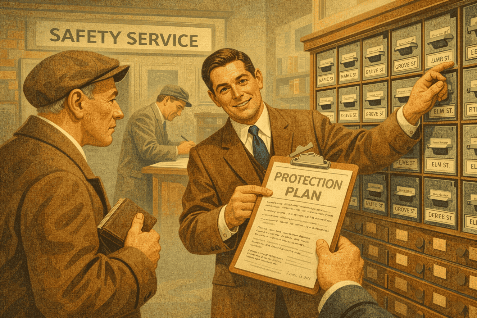 1. Alt text: Vintage butiksbild med Macken, skyltfönster, och anställd som visar skyddssplan i gammal butiksmiljö i sv_SE.