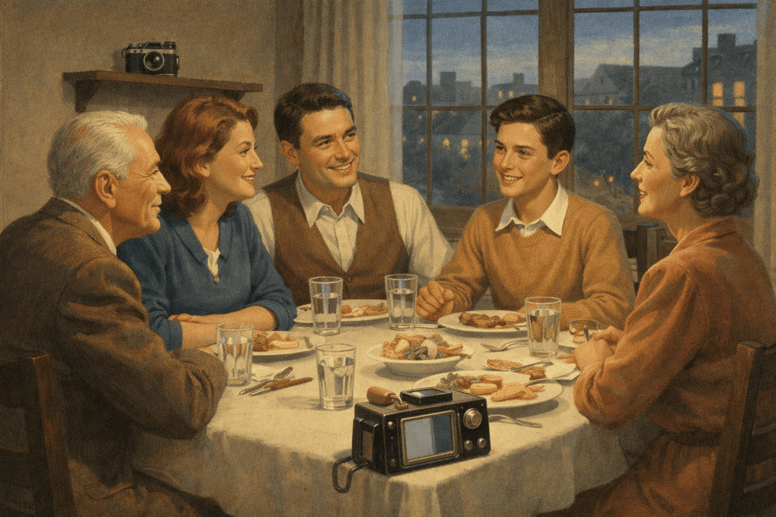 Högtidlig familjemiddag med fem personer som sitter runt ett dukat bord, skrattar och pratar. Fönstret i bakgrunden visar kvällssol och tak från stadens byggnader. En vintage kamera är placerad på vägghyllan, vilket ger en nostalgisk känsla. En filmkamerautrustning är tydligt placerad på bordet, vilket antyder ett slående fotografi från 1950- eller 1960-talet som speglar den tidens familjeliv och fotokultur.