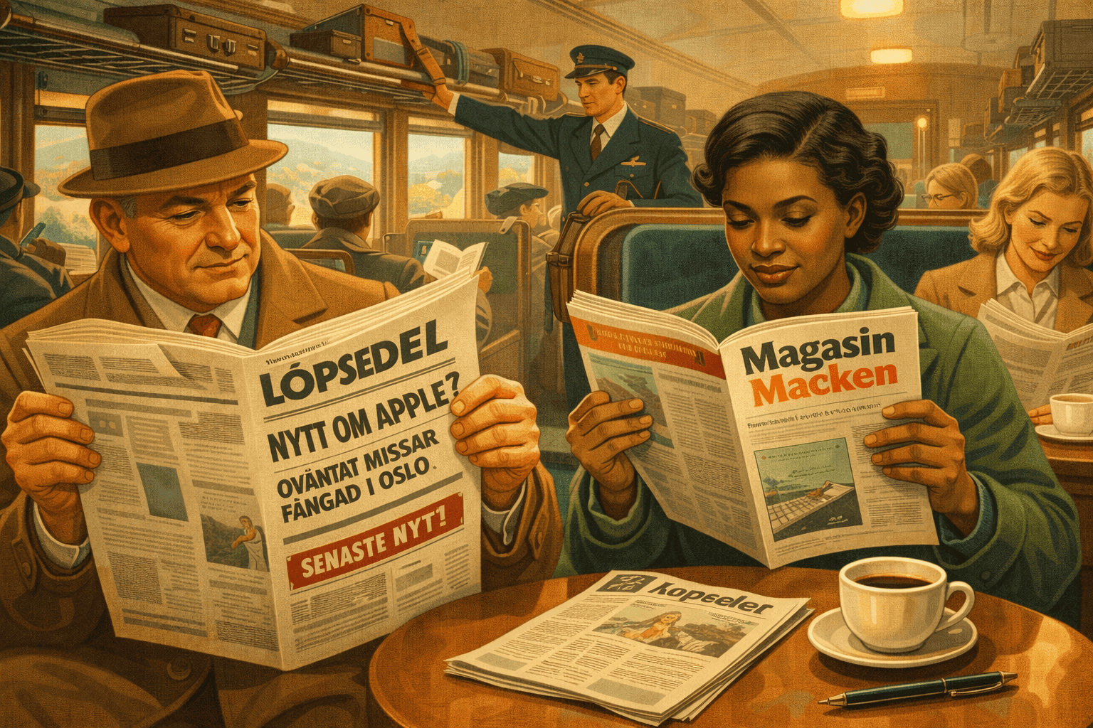 1. Människa som läser tidning på tåget, reklambild för Macken-affären, nostalgisk stämning, vintage 1950-tal, livet i staden, koffekoppen, berättelsen om aktuella nyheter och vardag, klassisk illustration.