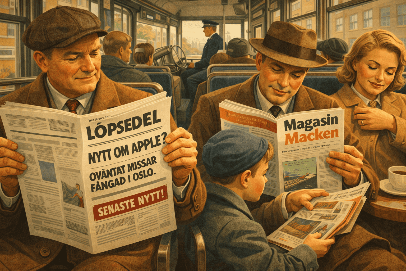 1. Historisk buss interiör med folk läsande morgontidningar, vintage stil, fokus på svensk kollektivtrafik, nostalgi och moderna transportarv.