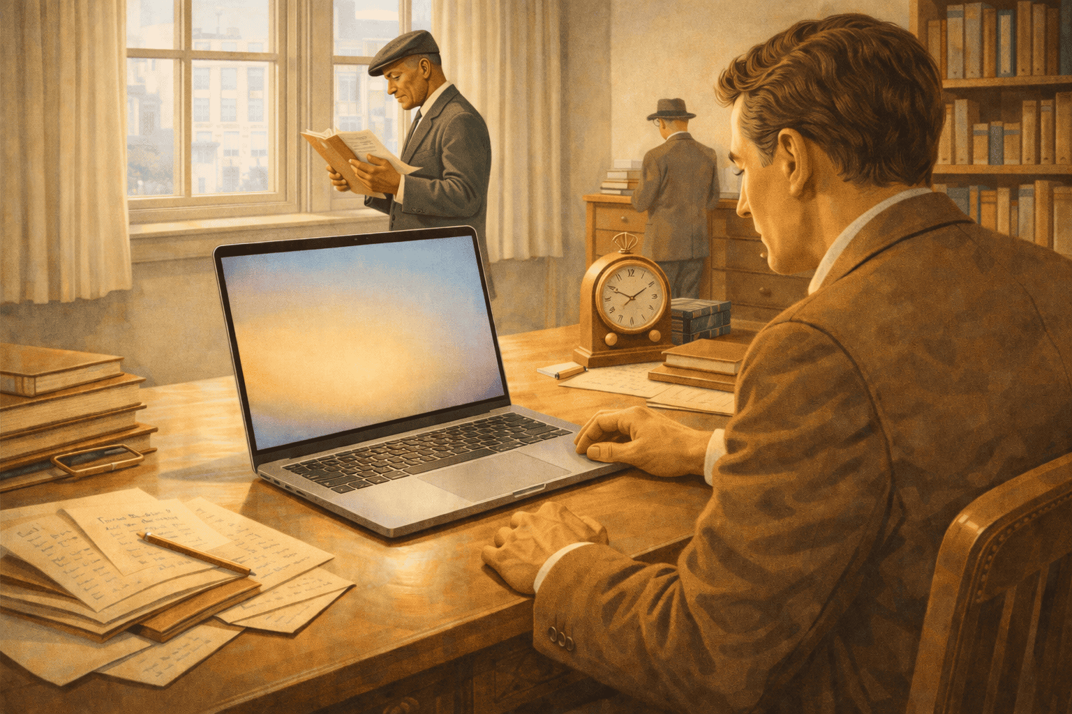 1. En man i en klassisk arbetarmiljö använder en laptop med böcker och ett skrivbord.