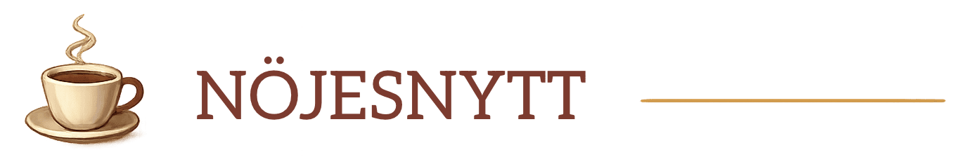 Varm kopp med ångande kaffe framför Mackenbutikens slogan Nöjesnytt i svensk text.