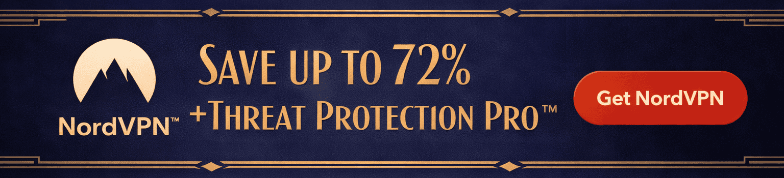 Skyltfönster för Macken-affär med reklamskylt om NordVPN-erbjudande för online-säkerhet och VPN-tjänst.