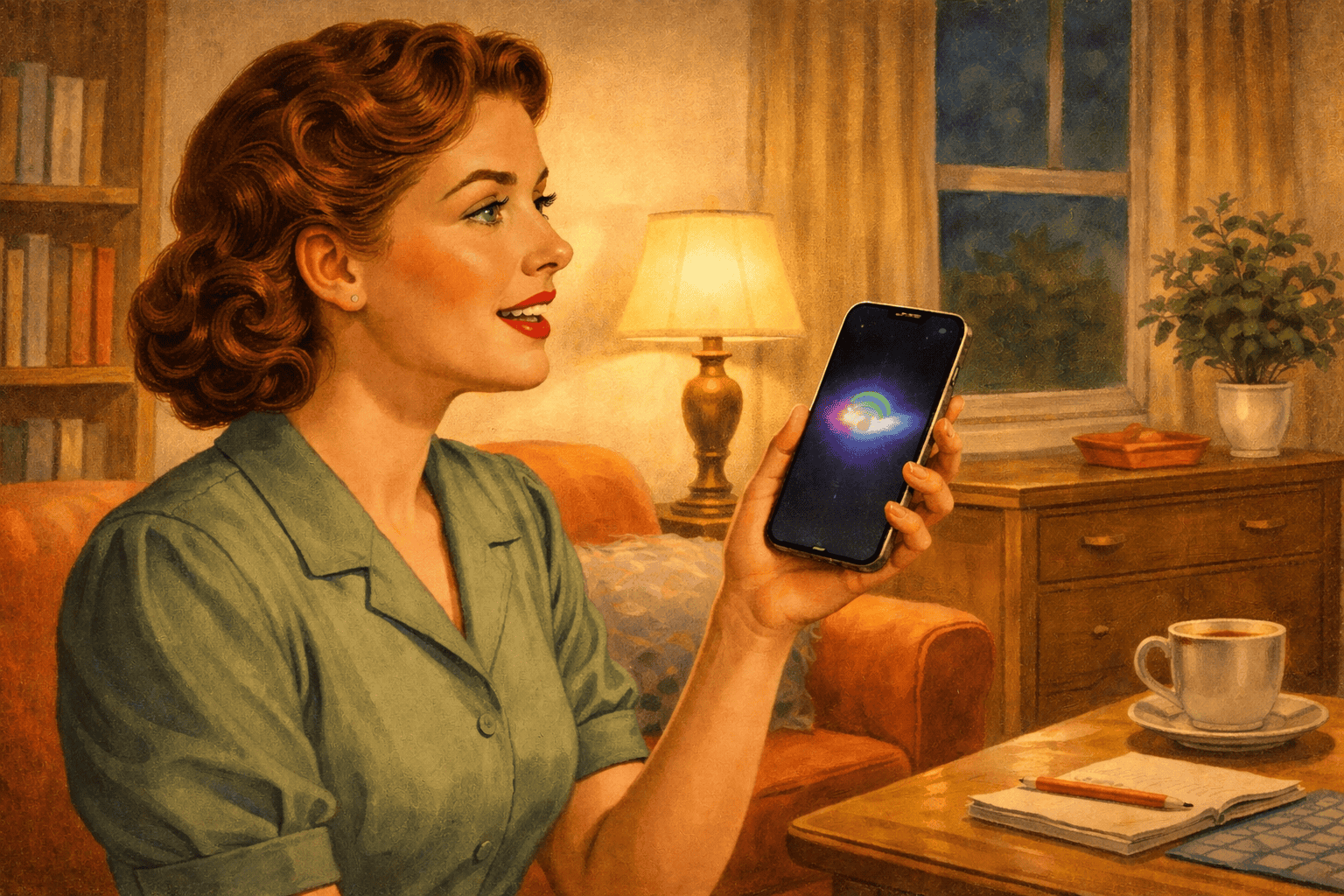 Snygg kvinna som använder mobiltelefon med Wi-Fi-ikon i ett hemtrevligt vardagsrum. Perfekt för att visa teknologi och digitala tjänster hos Magasin MACKEN.