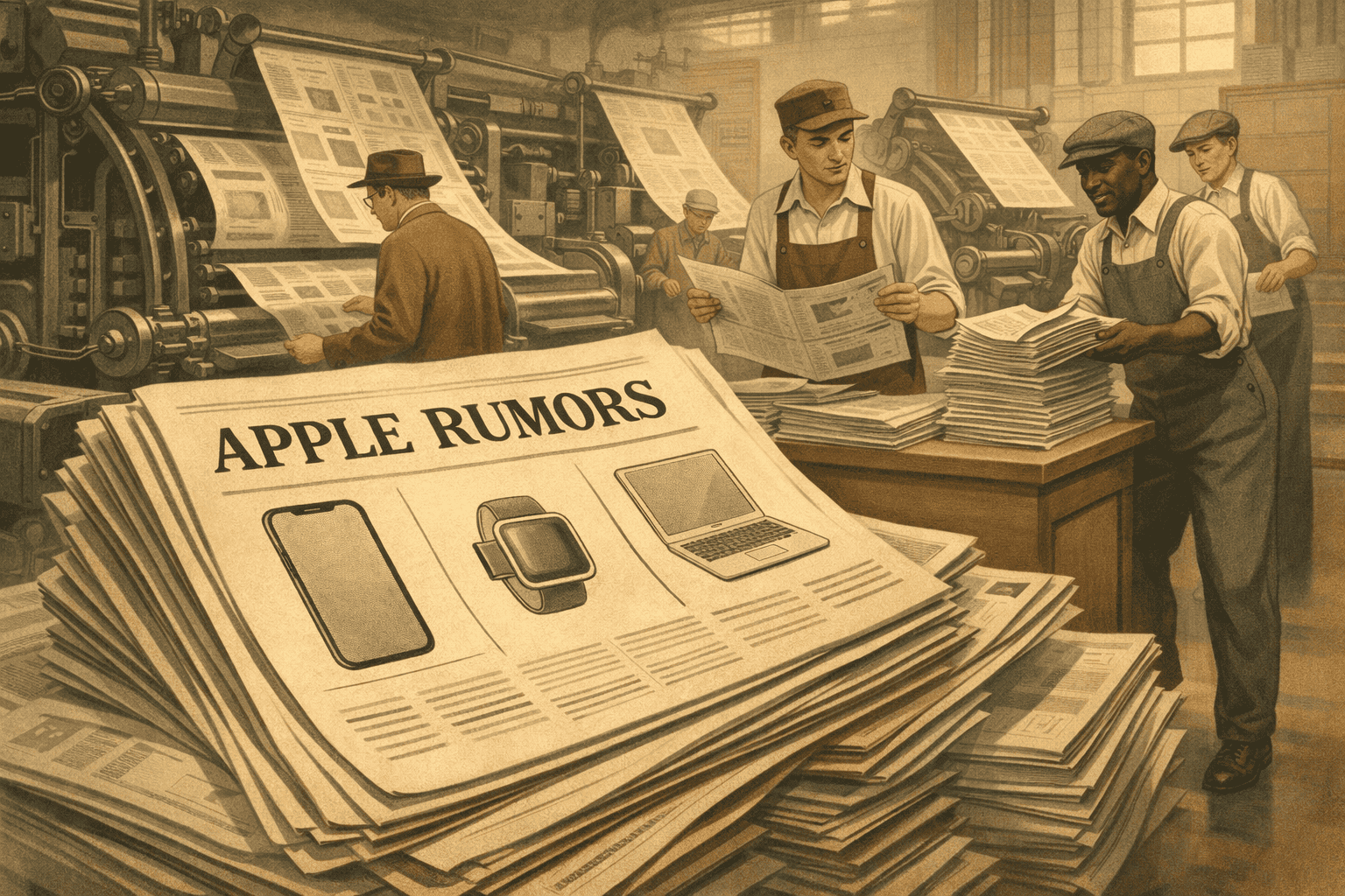 En bild som visar en historisk fabriksmiljö där arbetare granskar nyhetsrapporter om teknik och Apple-produkter, inklusive mobiltelefoner, smartklockor och laptops, vilket symboliserar industriell utveckling och innovation.