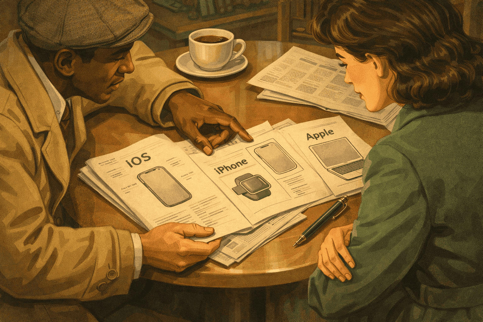 Människa och kvinna diskuterar mobiltelefoner och teknikprodukter, inklusive iPhone, iOS och Apple, i ett café. De granskar produktinformation i kataloger och magasin, vilket visar en fokus på teknik och gadgets. En kopp kaffe och penn på bordet bidrar till en avslappnad och informativ atmosfär för teknologivisning och konsumentrådgivning.