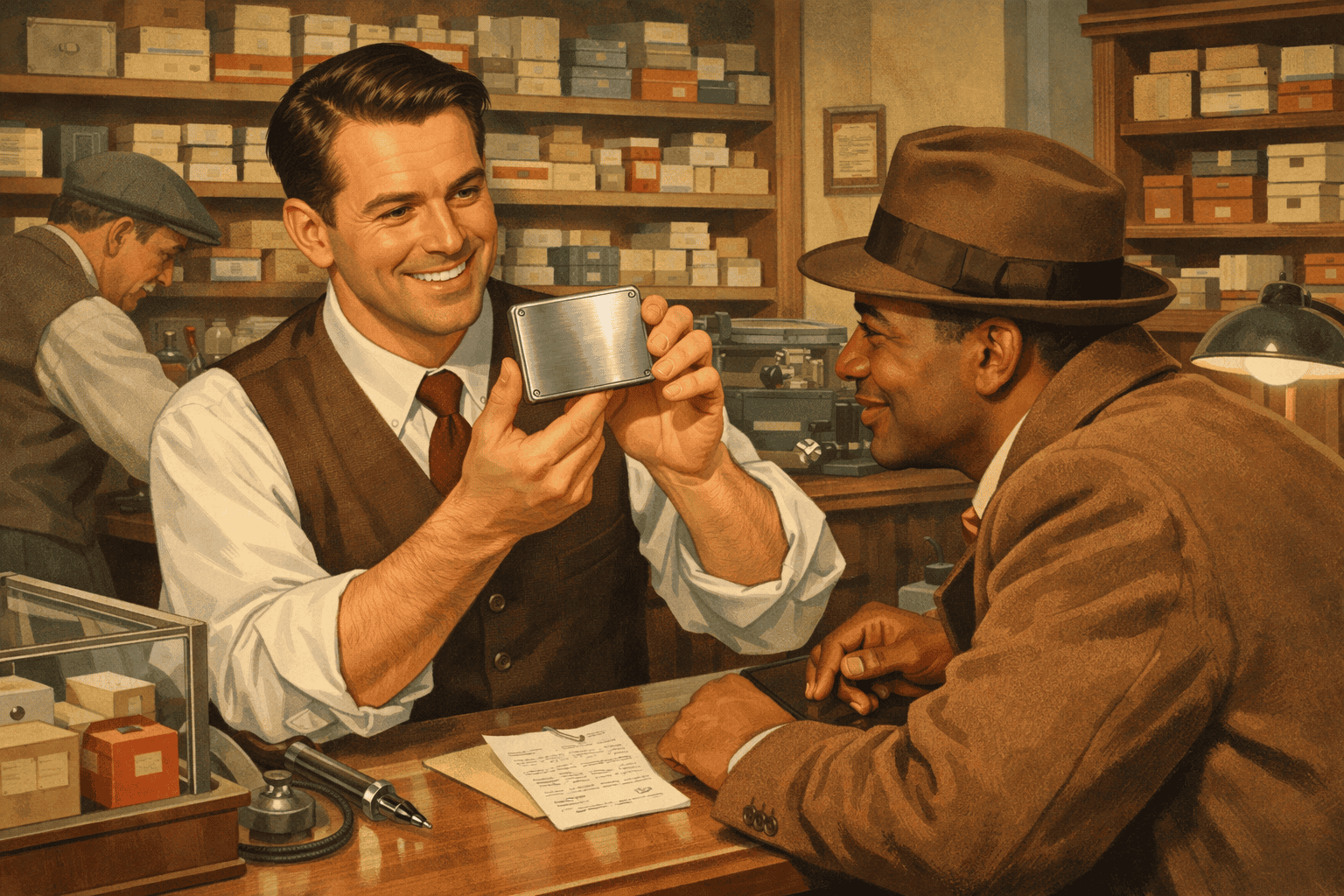 Ett vintage apotek med två män i 1940-tals kläder som flashar en metallplatta, i en detaljrik scen med hyllor av medicinska förpackningar, medicinsk utrustning och ett nostalgiskt atmosfäriskt ljus för att ge ett retro- och historiaamtilltal.