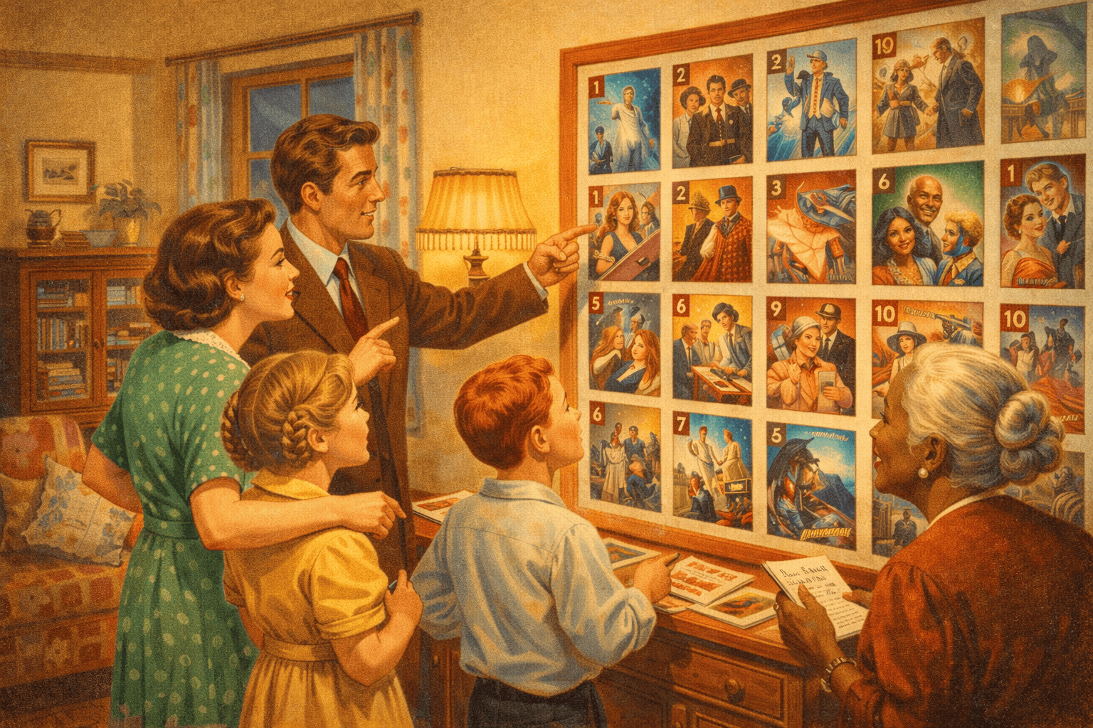 Människor tittar på en vägg med gamla film- och serieaffischer i ett mysigt hem, vilket ger en nostalgisk känsla.