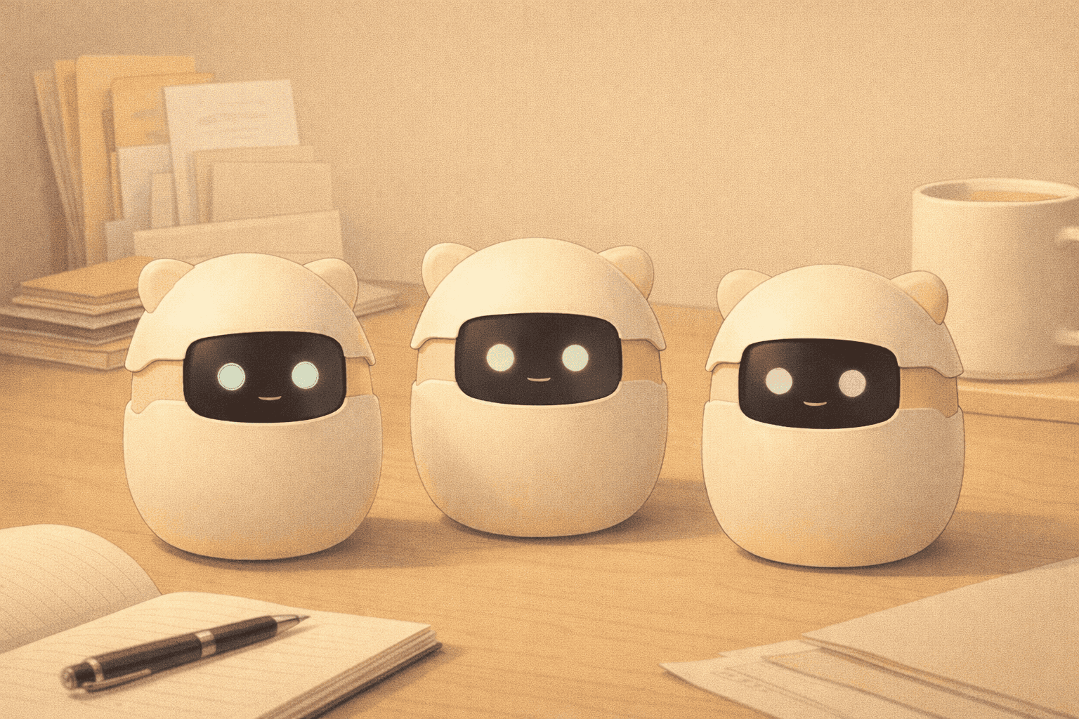 Mjuk leksak med robotansikte, söt design i beige färg, perfekt för barn eller samlarobjekt, från MACKEN onlinebutik.