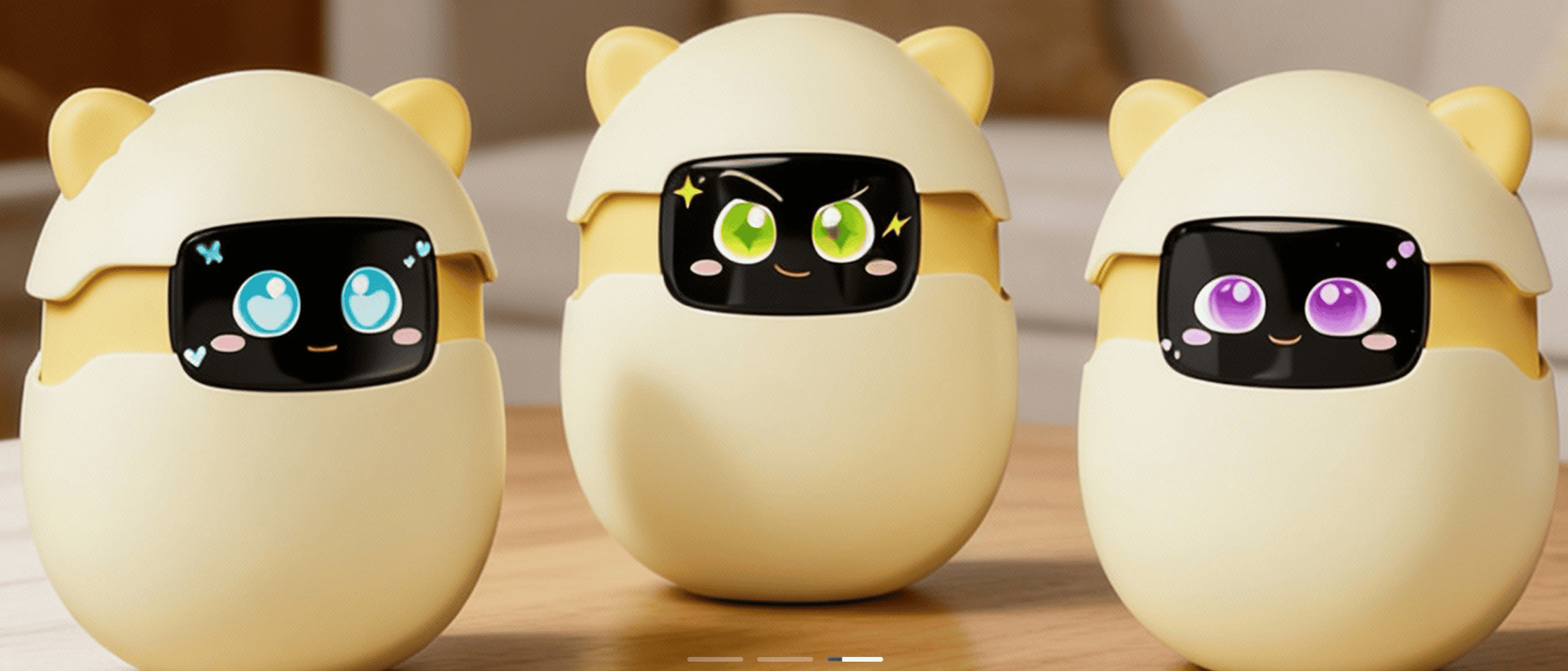 Robothåriga äggfigurer med söta ansikten och ljusa ögon för underhållning och lek.