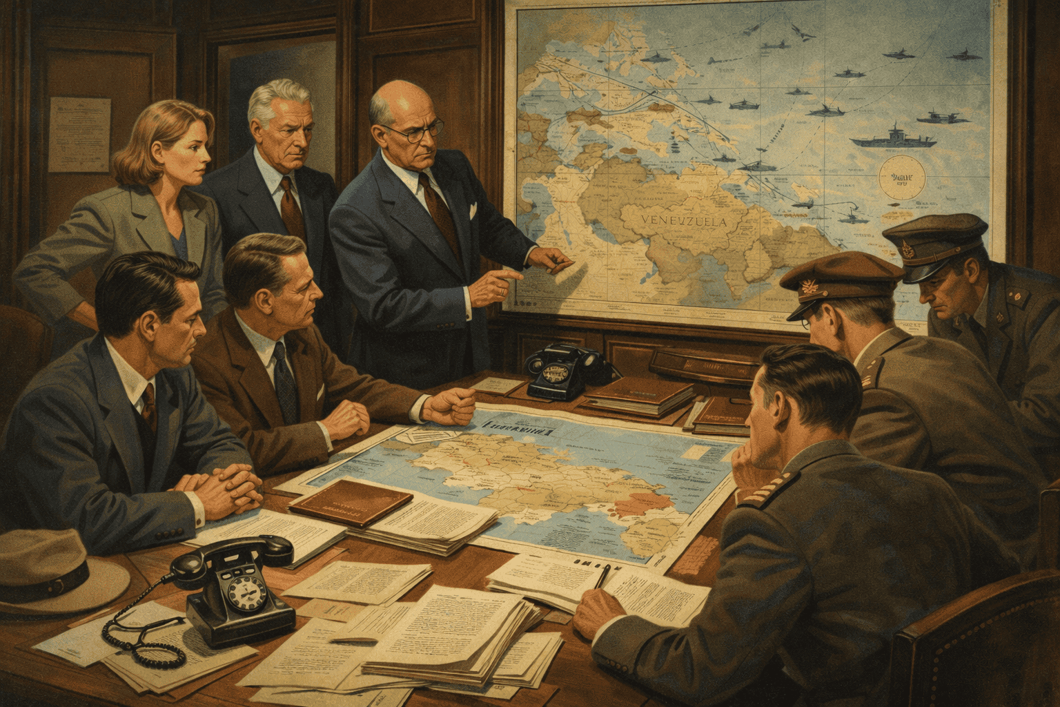 Detaljerad bild av ett möte med militärer och civila som diskuterar en karta över Venezuela, symboliserar myndighetsbeslut och strategisk planering. Perfekt för webbplatser som fokuserar på geopolitik, historia eller militäranalys.