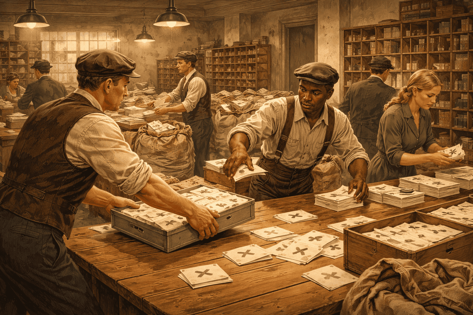 1. Historisk lagerlokal med anställda som arbetar med att sortera och organisera dokument och artefakter. Trivsamma och autentiska miljöer för arkiv och samlingar.