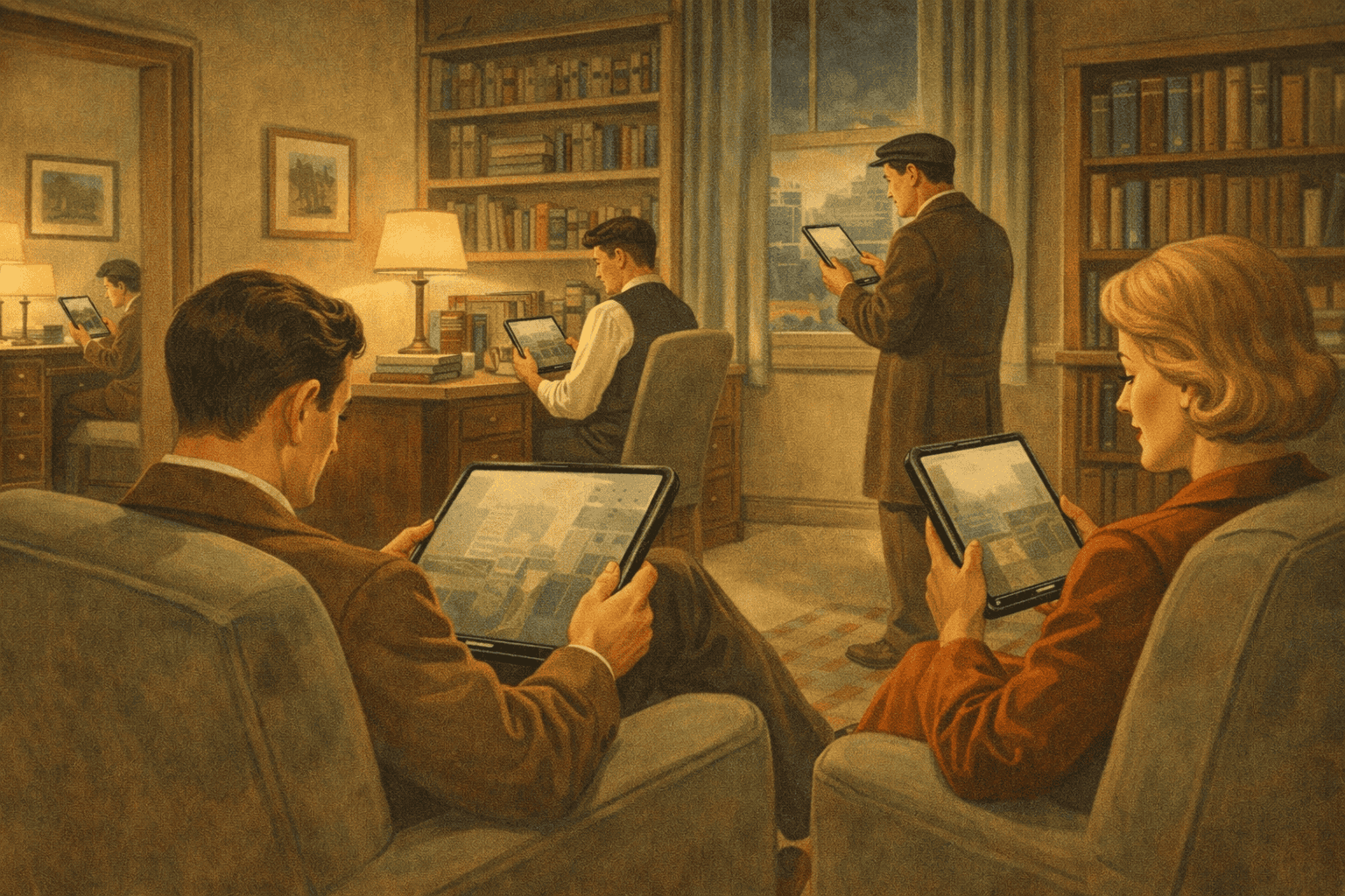 1. Mänskligheter använder surfplattor i ett klassiskt bibliotek för att läsa digitala böcker eller arbeta online, vilket kombinerar historisk atmosfär med modern teknik för studier och information.