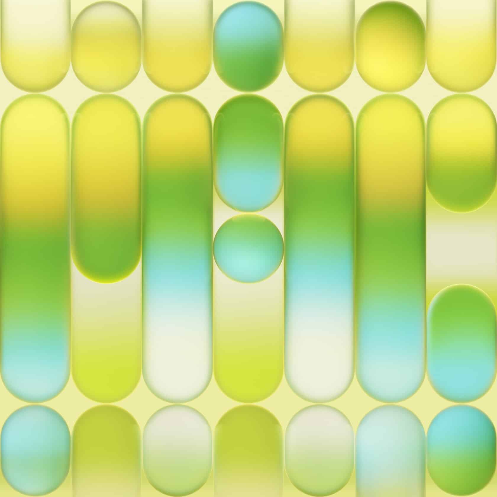 En bild av färgglada gelatinkapslar i grönt, blått och gult, arrangerade i ett mönster som skapar en modern och livfull visuell effekt, perfekt för hälsa och kosttillskott.