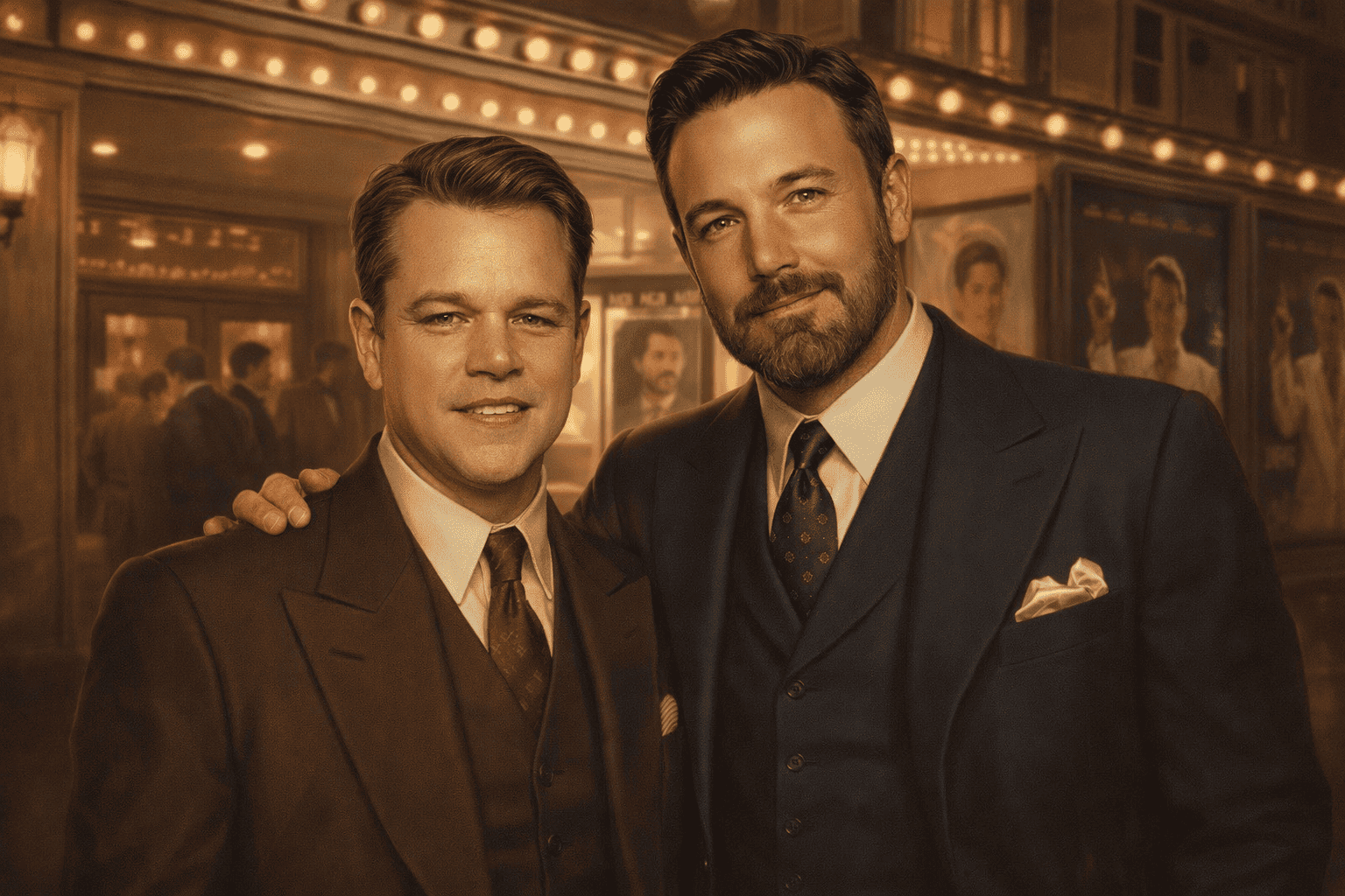 Klassiska män i 1940-talskostymer utanför Magasin MACKEN, en historisk butik i Stockholm, med varm belysning och vintage atmosfär. Perfekt för film- och modeentusiaster.