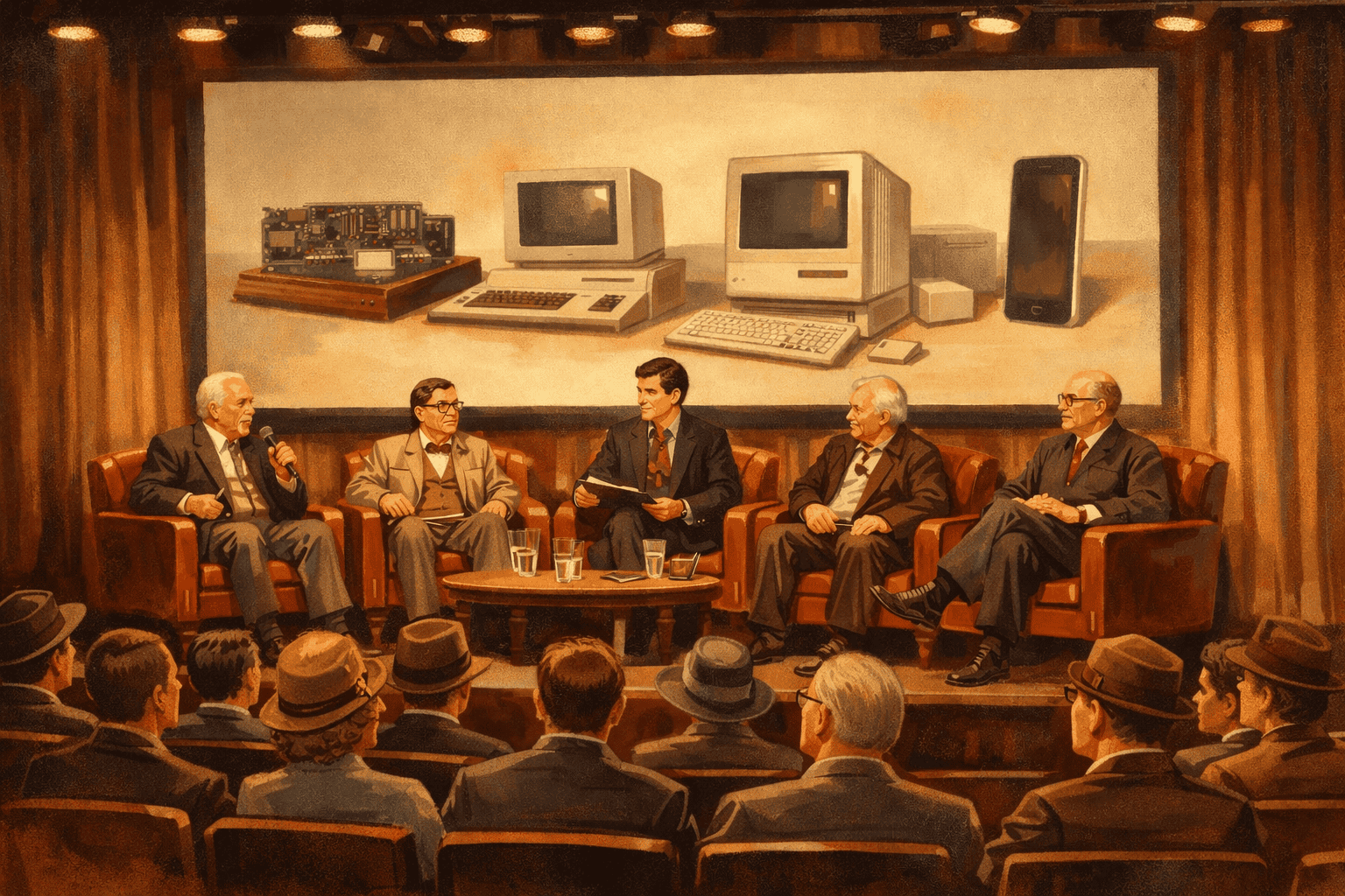 En bild av ett paneldiskussionsevenemang med fem personer som pratar på scenen, med en publik av män i hatt och kostym. Bakom dem finns en stor målning av gamla datorer och teknisk utrustning, vilket.