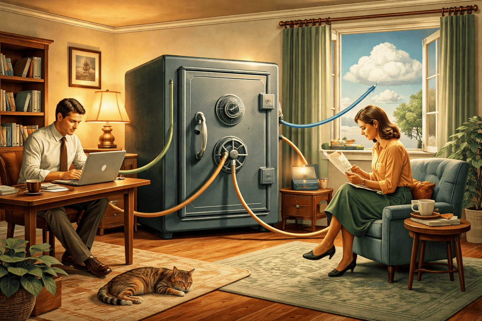 Säkerhetsfylld bankvalv i ett vardagsrum med två personer, en man med laptop och en kvinna som läser, samt en sovande katt, symboliserar trygghet och säkerhet i hemmet.