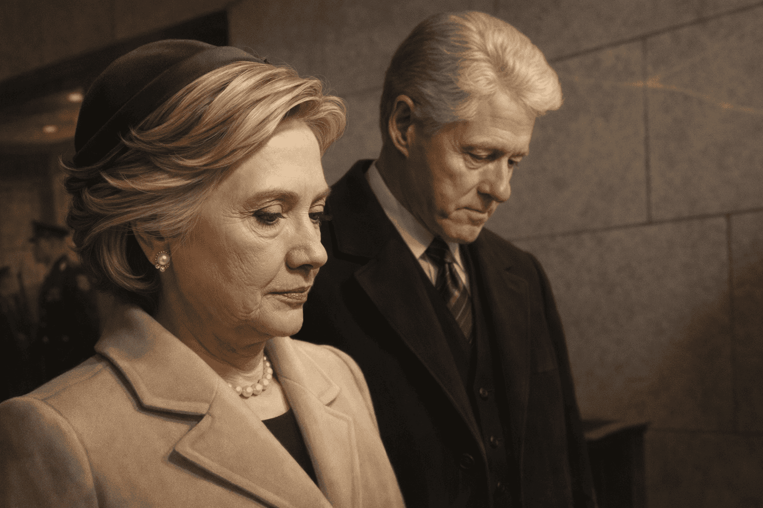 En bild av två personer i formella kläder som står i en kyrka eller ett liknande inomhusrum, troligen under en ceremoni eller begravning. Kvinnan bär en beige kappa och pärlörhängen, medan mannen har.