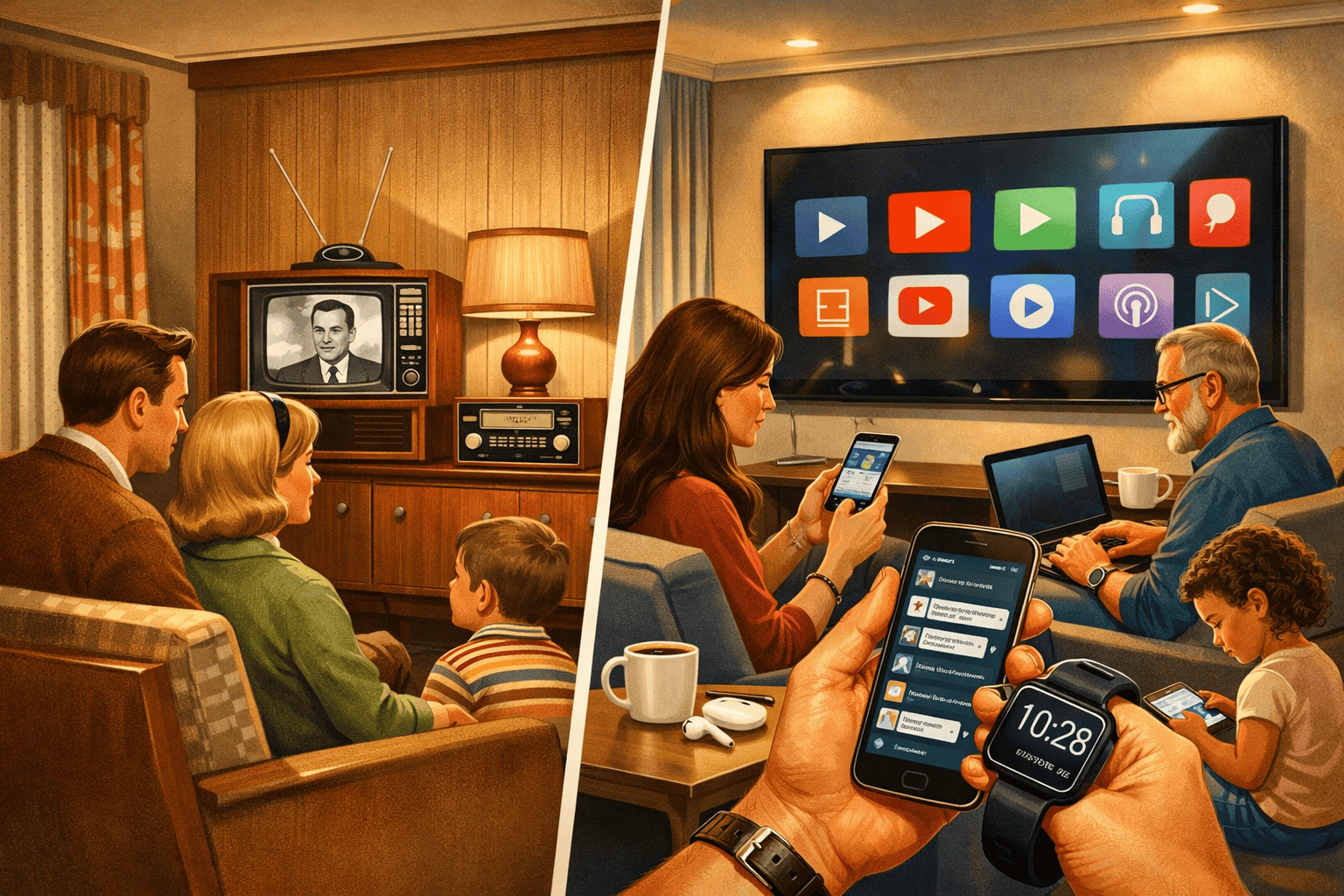 En familj tittar på svartvit film på en gammal TV i ett vardagsrum med träpanel, medan en annan familj använder moderna digitala enheter och streamingtjänster i ett modernt hem.