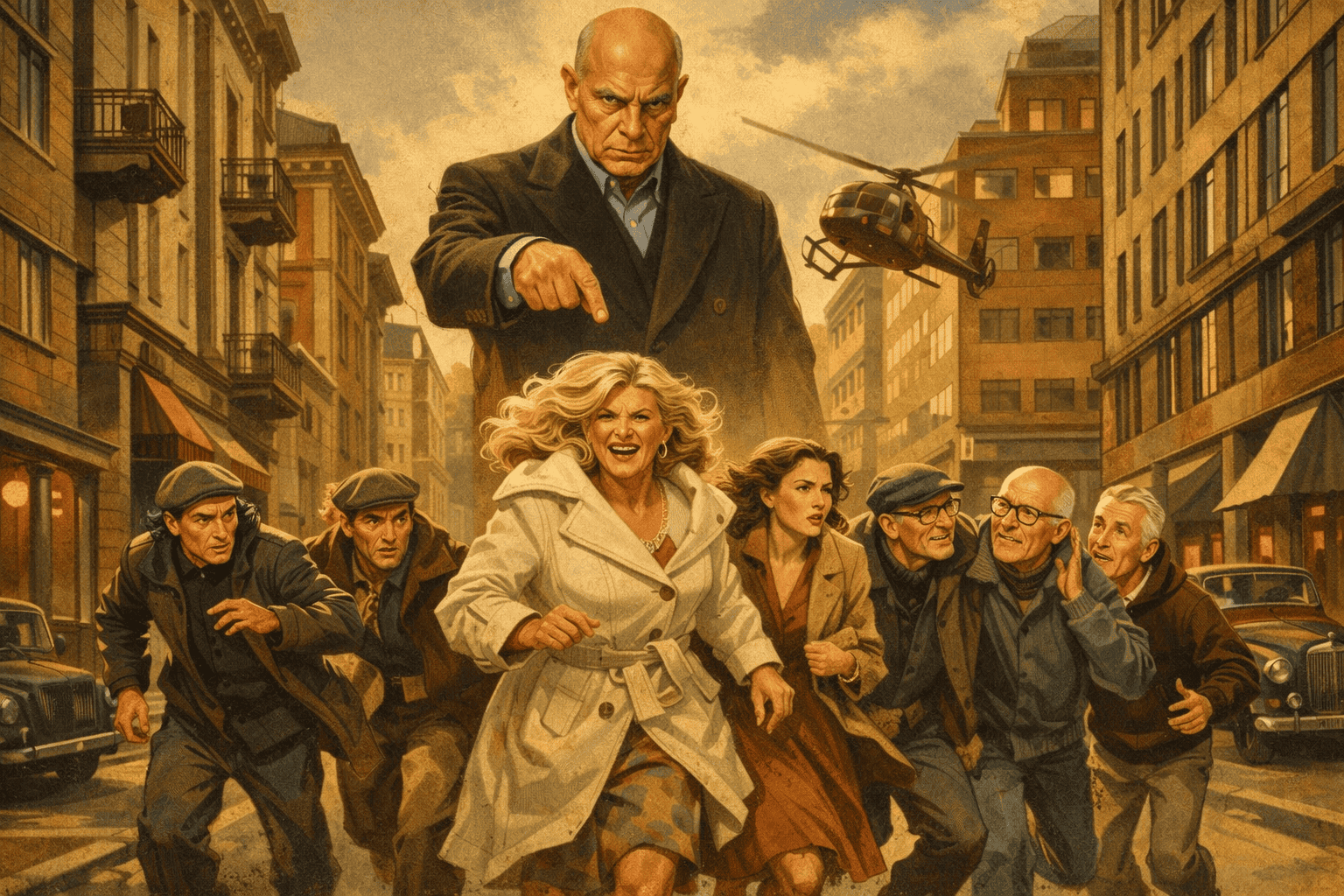 En bild av en dramatisk scen med en grupp människor som flyr i en stadsmiljö, med en stor man som ser hotfull ut i bakgrunden och en helikopter i luften.