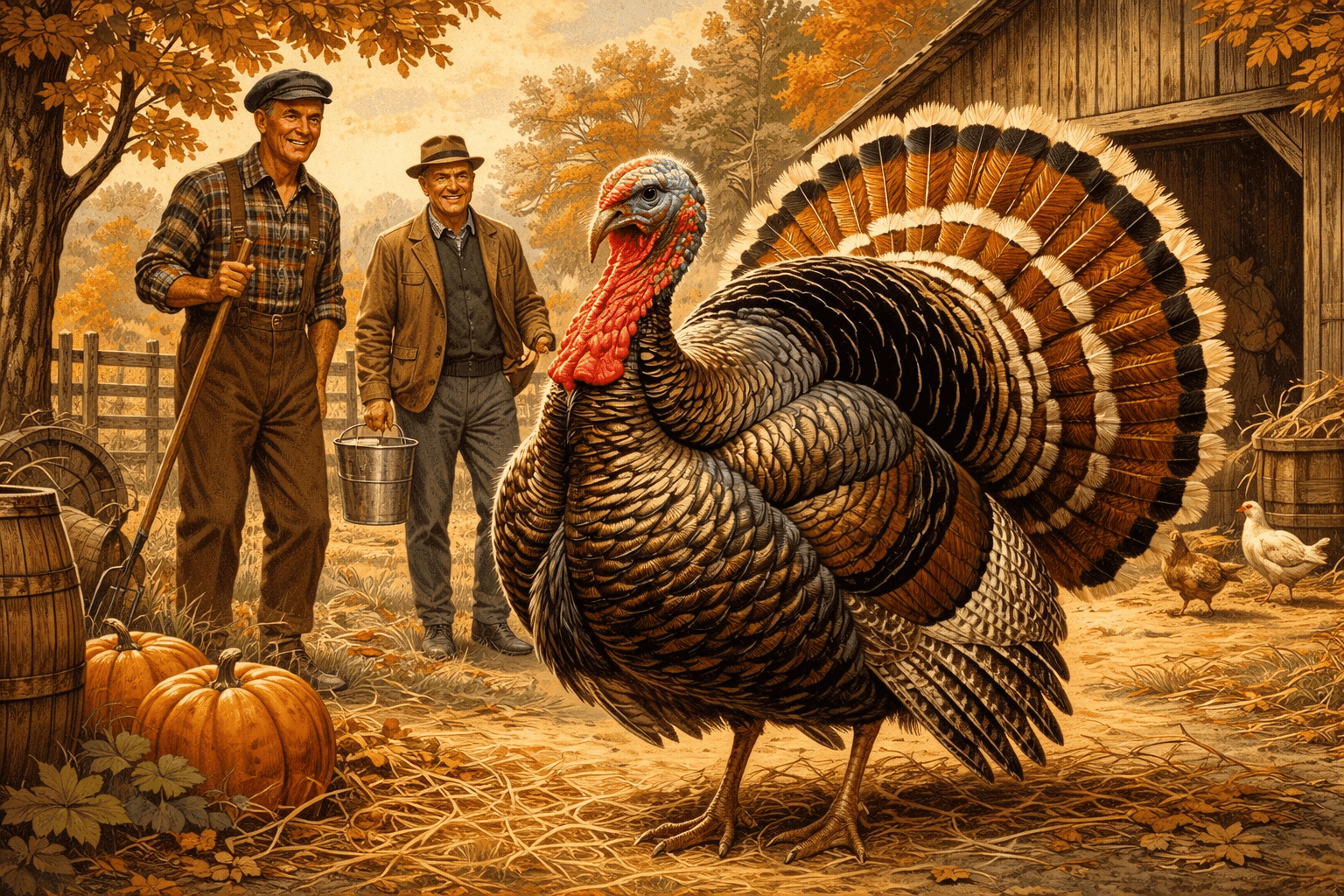En man och en kvinna står på en lantgård med en stor vild kalkon i förgrunden, omgiven av pumpor och höstlöv, med ett gammalt stall i bakgrunden, i en varm och mysig höstmiljö.