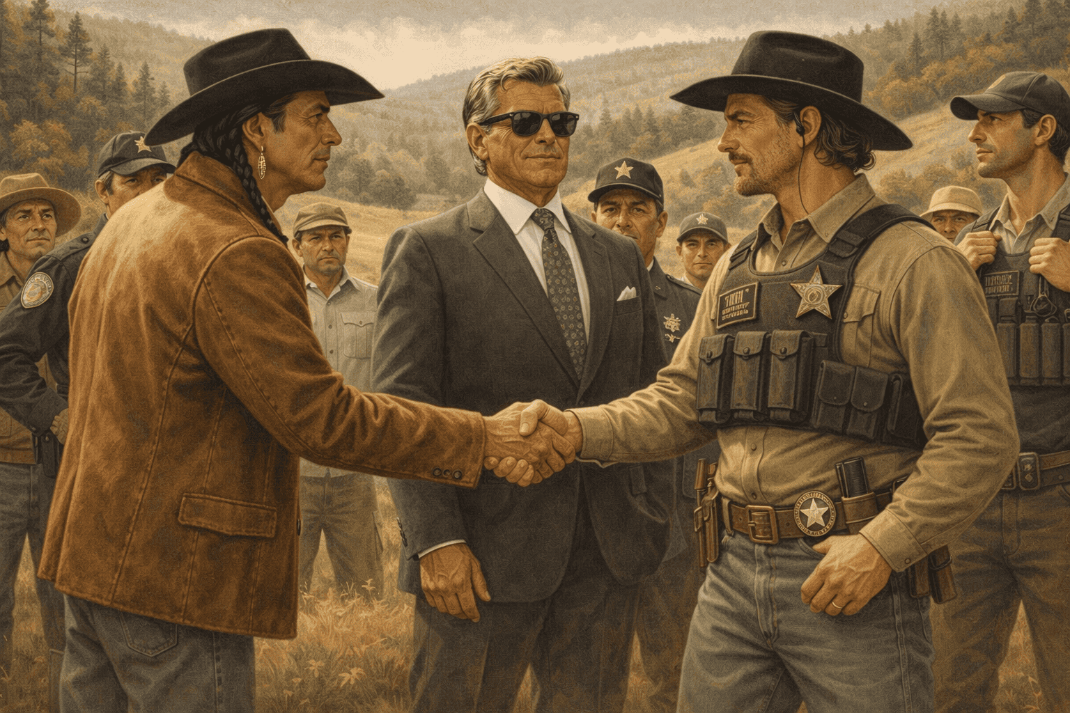 En bild av en filmsekvens där två män skakar hand, en i cowboykläder och den andra i en sheriffuniform, omgiven av en grupp människor i ett landskap med skog och kullar i bakgrunden.