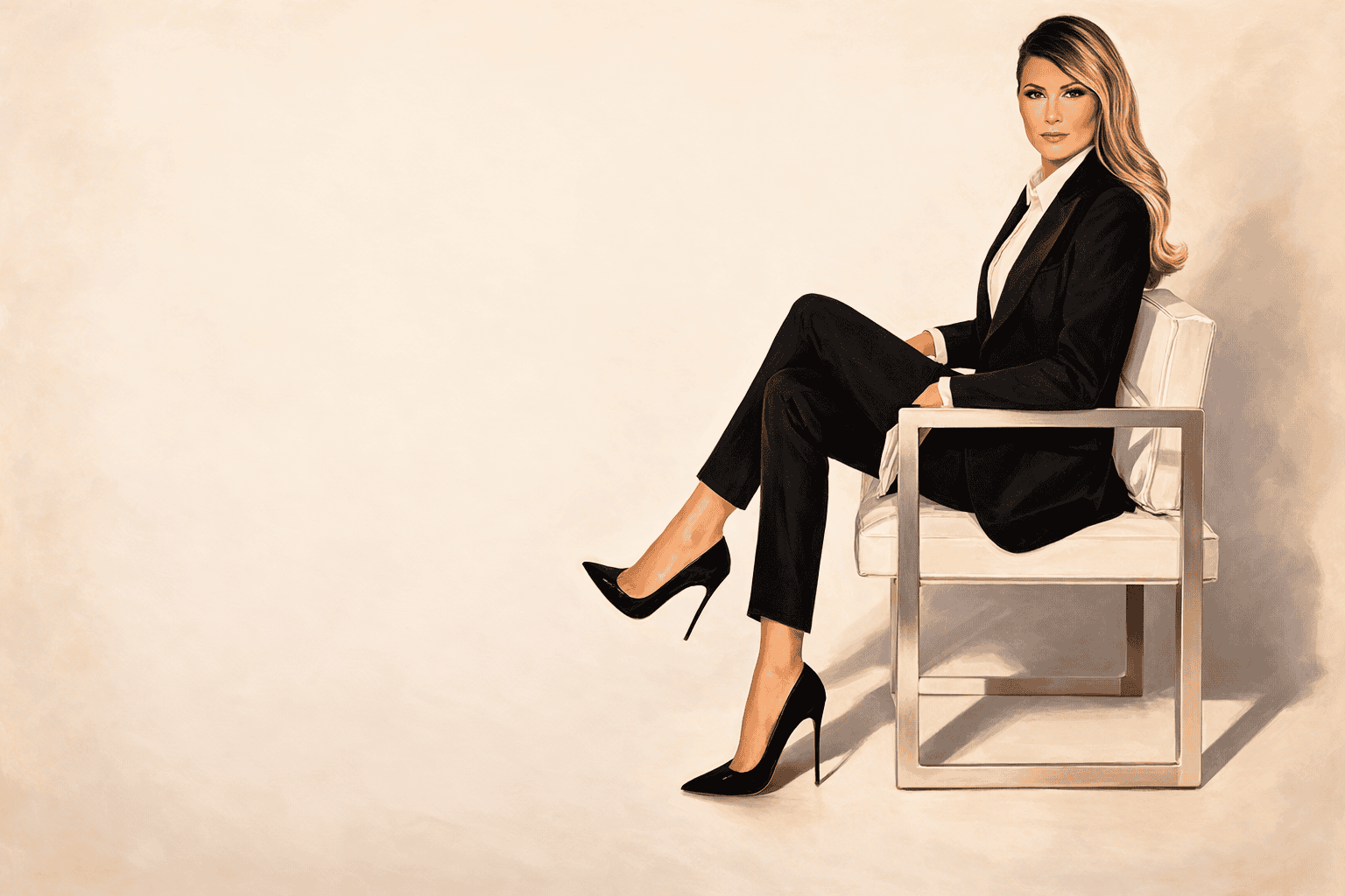 Elegant kvinna i svart kostym och högklackade skor sitter på en modern stol, mot en neutral bakgrund, för att visa professionell mode och affärskläder för MACKENs butik i Sverige.