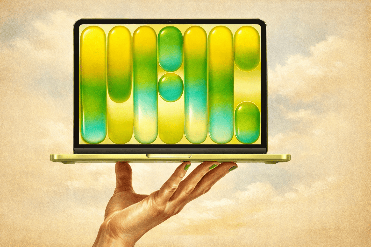 Högupplöst laptop med färgglada digitala ikoner på skärmen, hålls av en hand mot en molnig himmel. Modern teknik och digitala lösningar för företag och privatpersoner.