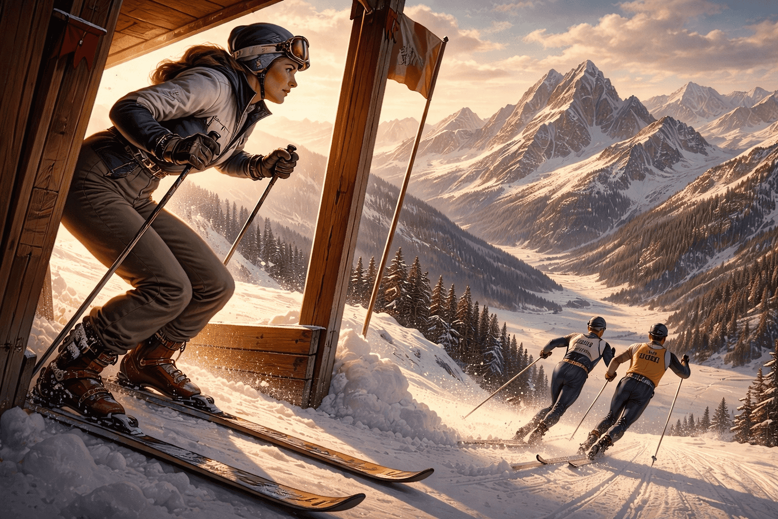 Högkvalitativ skidåkning i snötäckta berg, med en kvinnlig skidåkare i förgrunden och två andra skidåkare i bakgrunden, omgiven av majestätiska snöklädda bergstoppar och en vacker solnedgång.