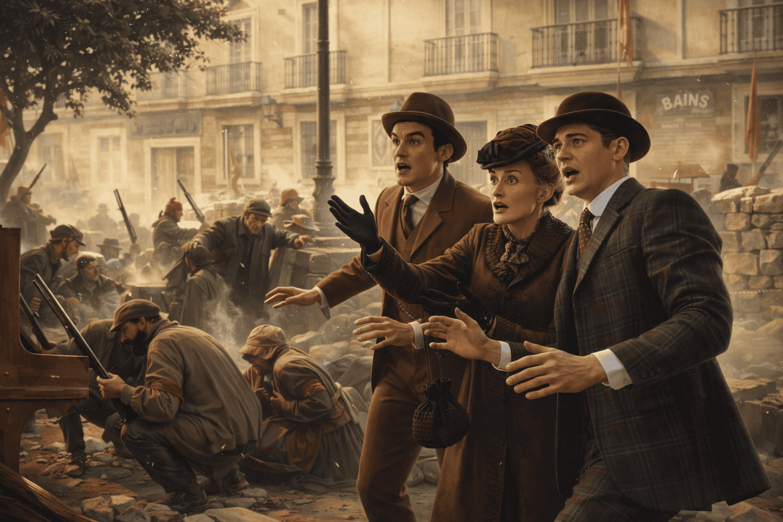 Kvinnor och män i 1900-talskläder som ser förskräckta ut i en historisk stadsmiljö med byggnader och gatukonst.