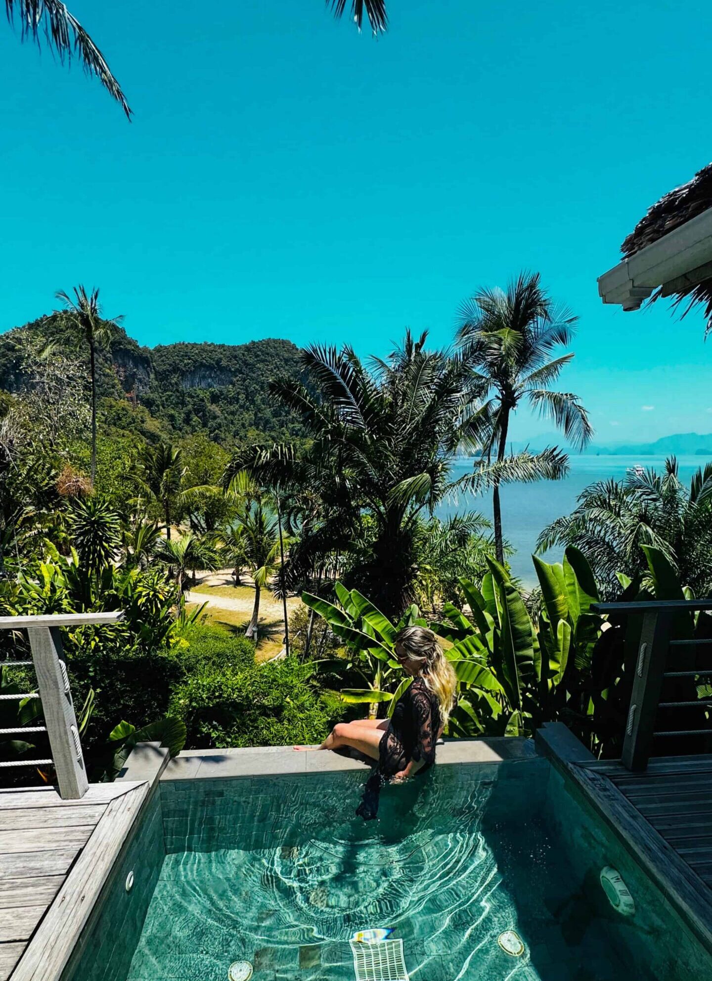 Luxury infinity pool overlooking tropical island and lush greenery.