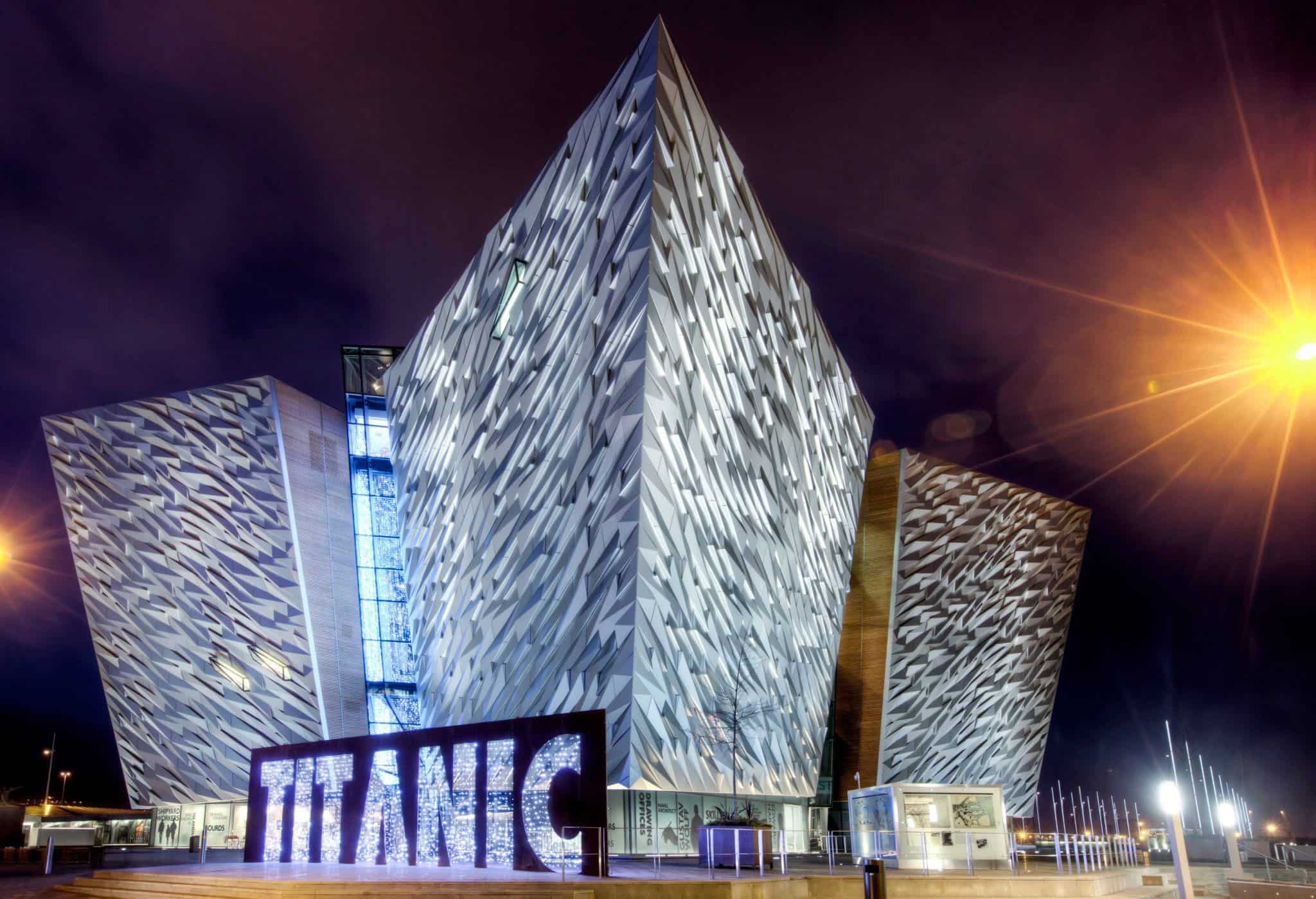 Exterior shot of Titanic Belfast at night