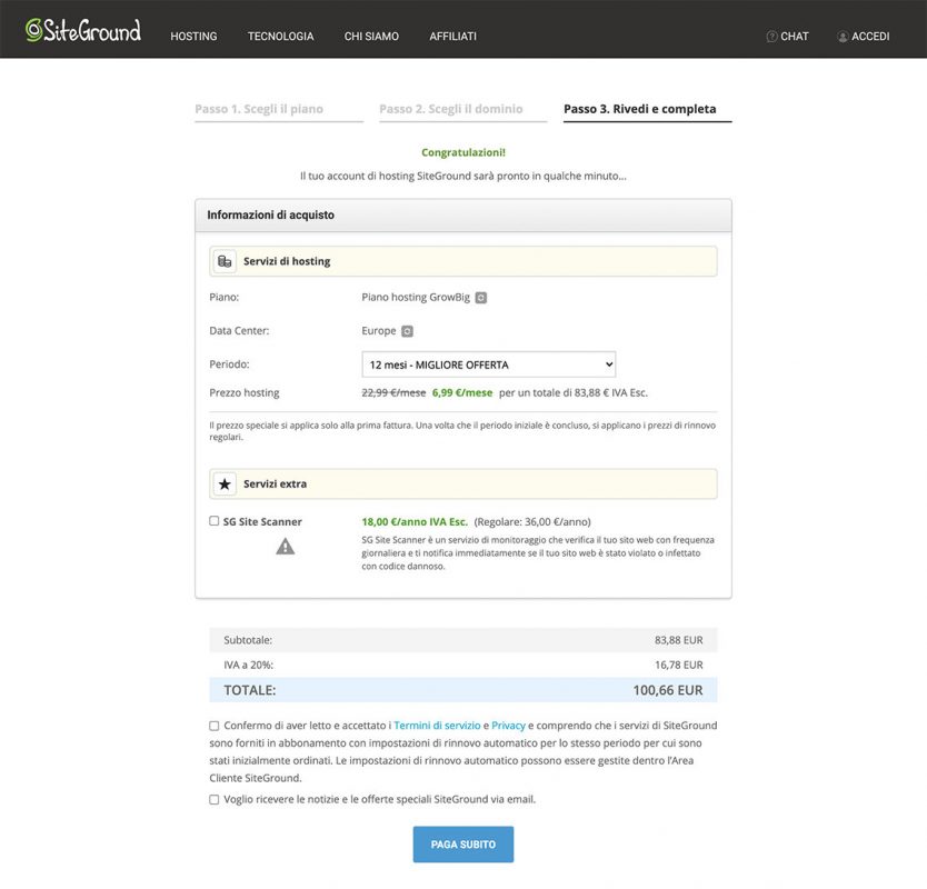 hosting wordpress di siteground controlla e paga